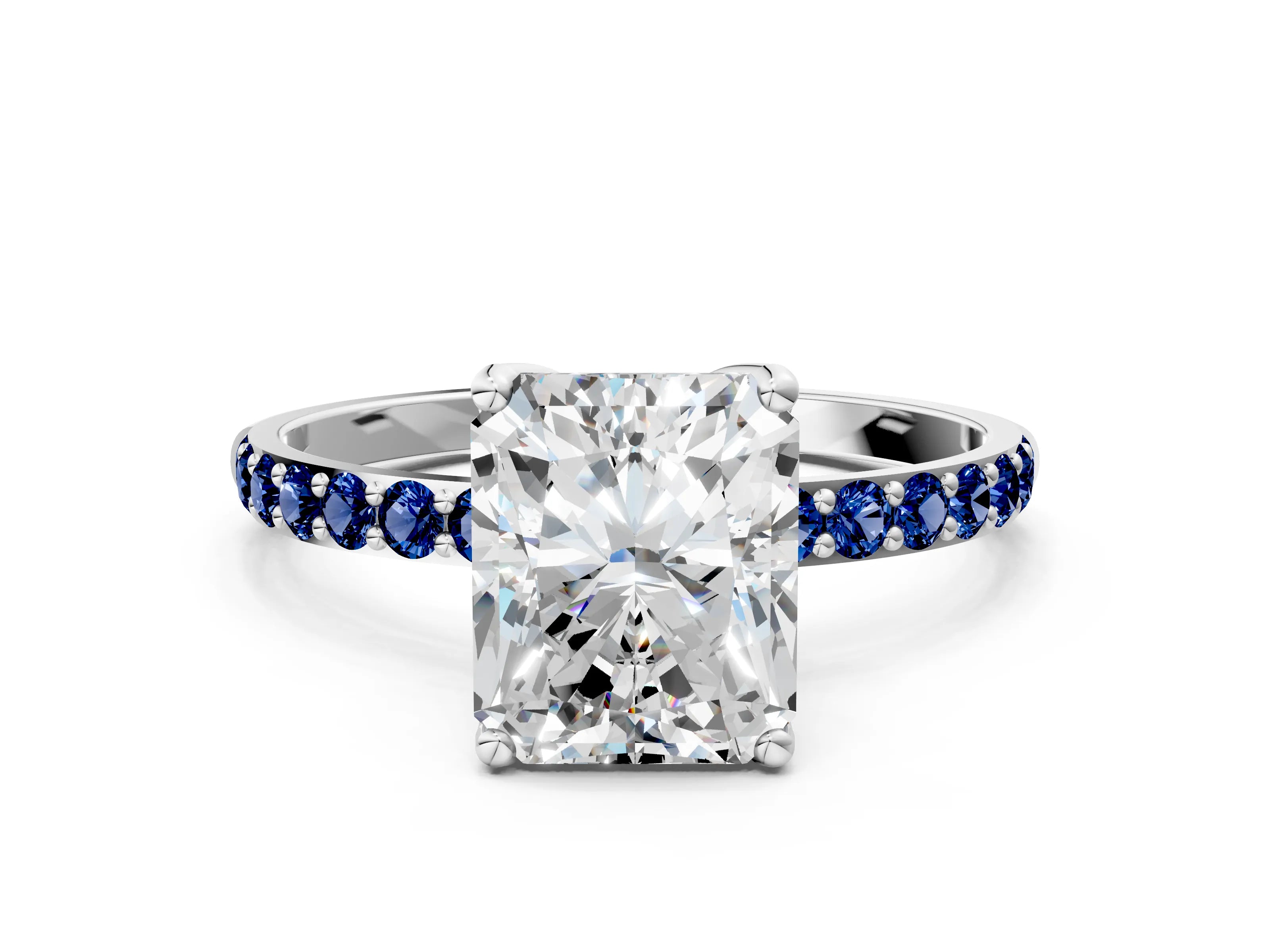 White gold Radiant Cut Diamond Solitaire Engagement Ring with Round with Blue Sapphire side stone Pavé Band and Prong Setting_24