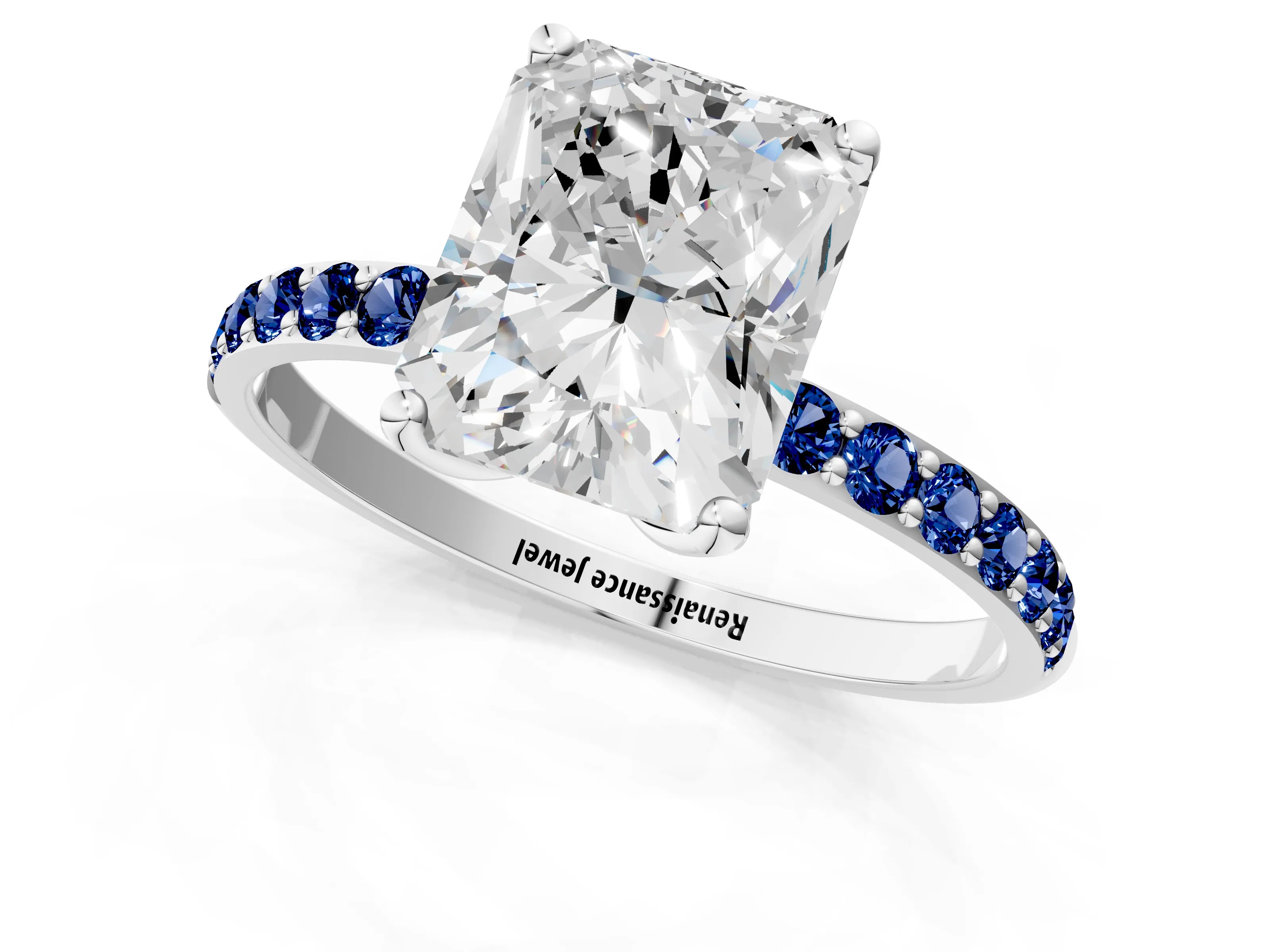 White gold Radiant Cut Diamond Solitaire Engagement Ring with Round with Blue Sapphire side stone Pavé Band and Prong Setting_25