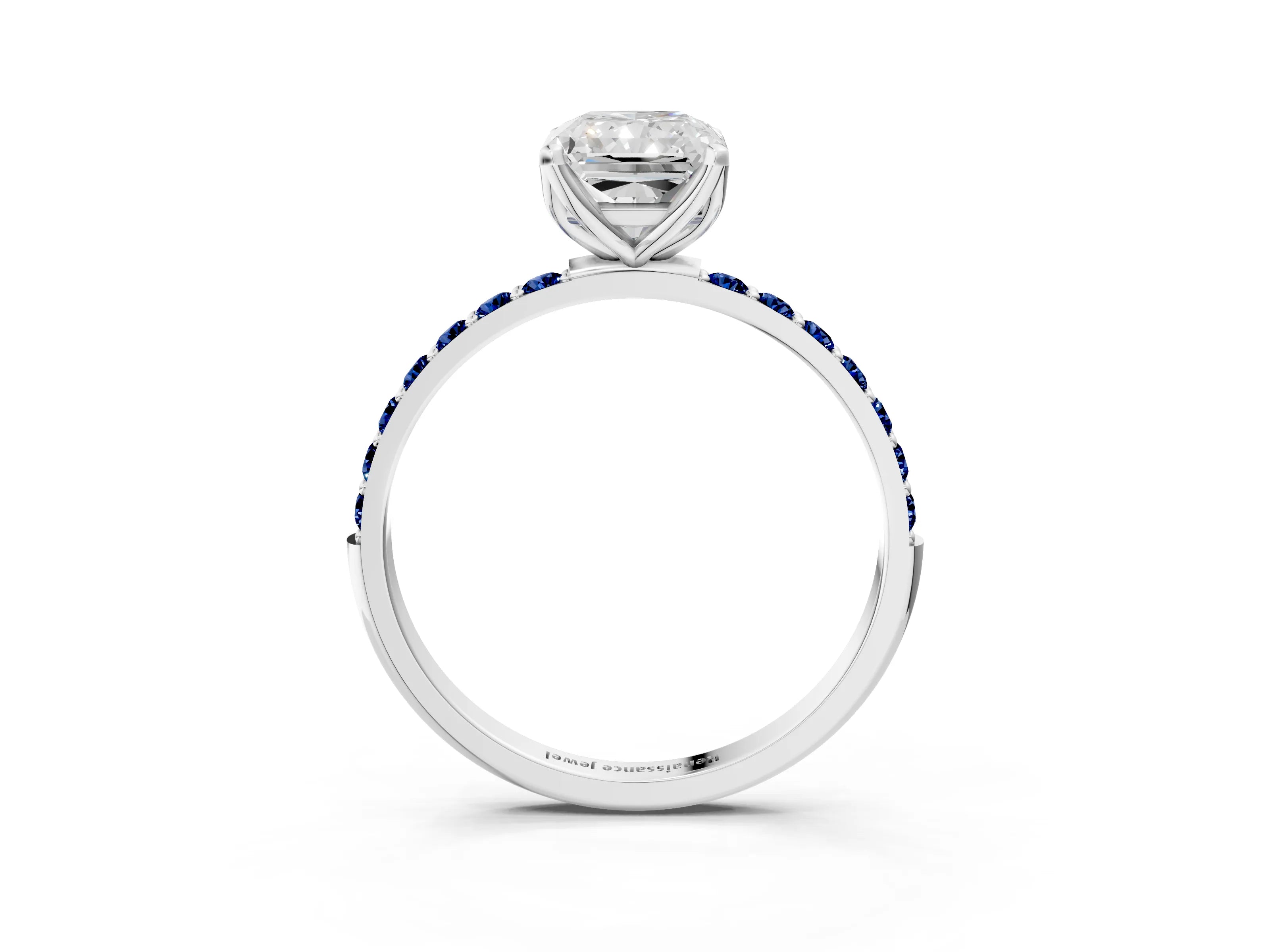 White gold Radiant Cut Diamond Solitaire Engagement Ring with Round with Blue Sapphire side stone Pavé Band and Prong Setting_27
