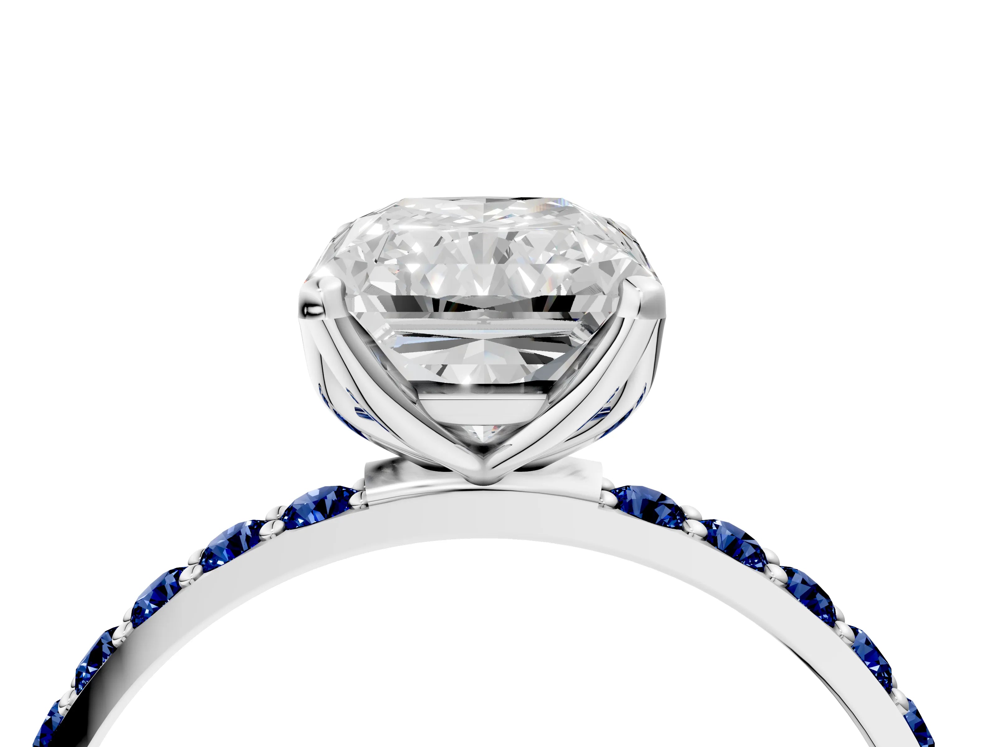 White gold Radiant Cut Diamond Solitaire Engagement Ring with Round with Blue Sapphire side stone Pavé Band and Prong Setting_28