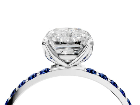 White gold Radiant Cut Diamond Solitaire Engagement Ring with Round with Blue Sapphire side stone Pavé Band and Prong Setting_28