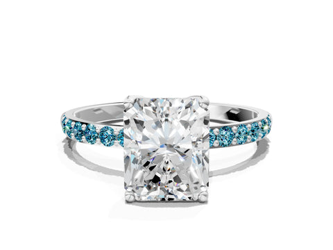 White gold Radiant Cut Diamond Solitaire Engagement Ring with Round with Blue Topaz side stone Pavé Band and Prong Setting_12