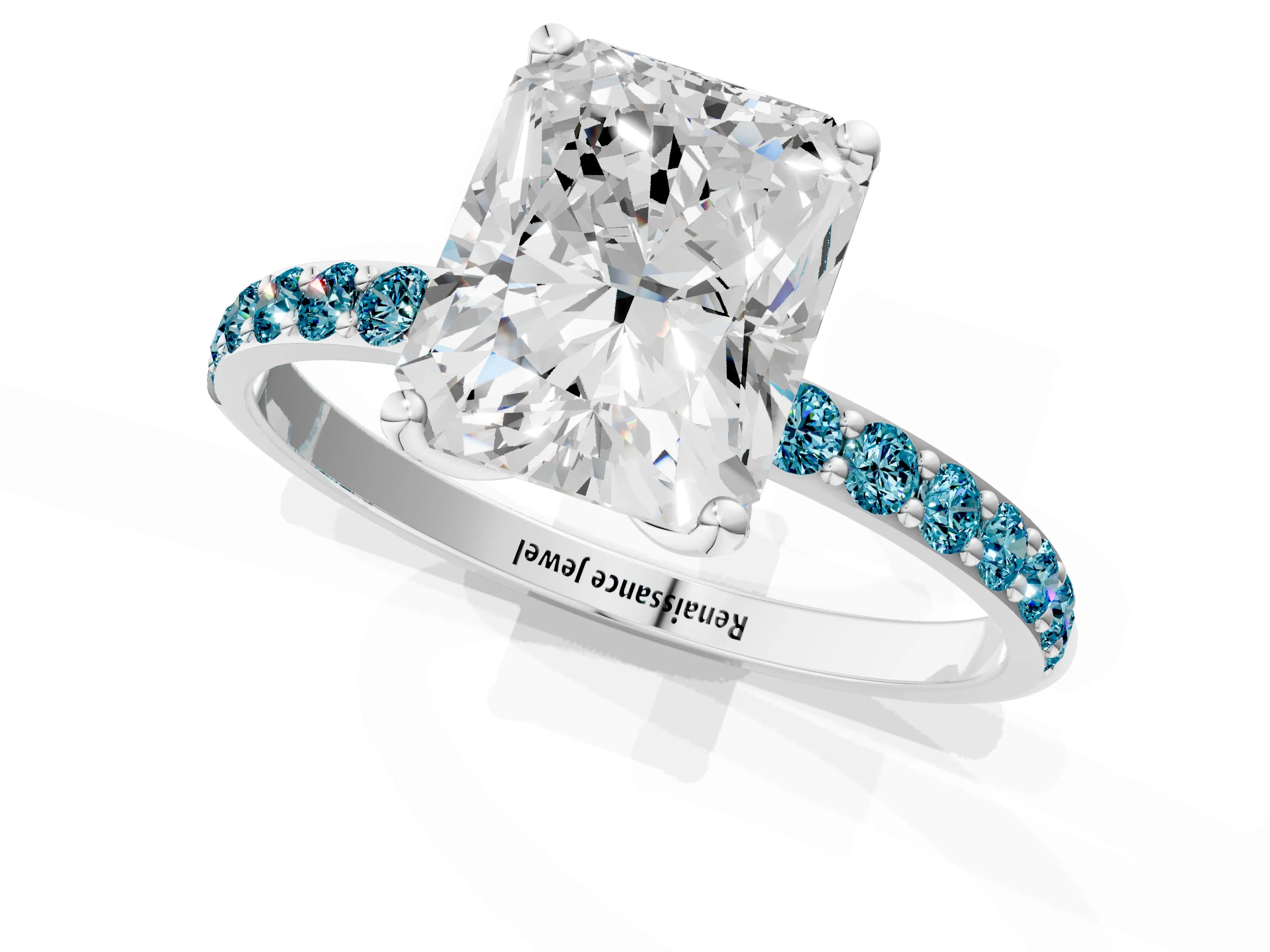 White gold Radiant Cut Diamond Solitaire Engagement Ring with Round with Blue Topaz side stone Pavé Band and Prong Setting_13