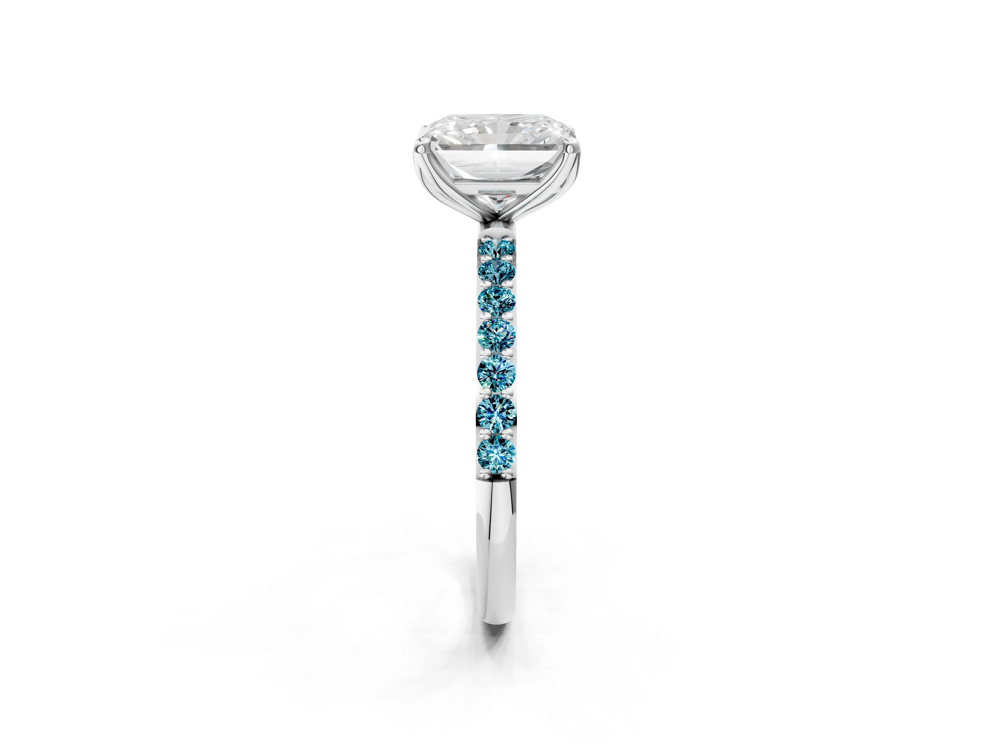 White gold Radiant Cut Diamond Solitaire Engagement Ring with Round with Blue Topaz side stone Pavé Band and Prong Setting_14