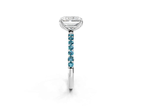 White gold Radiant Cut Diamond Solitaire Engagement Ring with Round with Blue Topaz side stone Pavé Band and Prong Setting_14