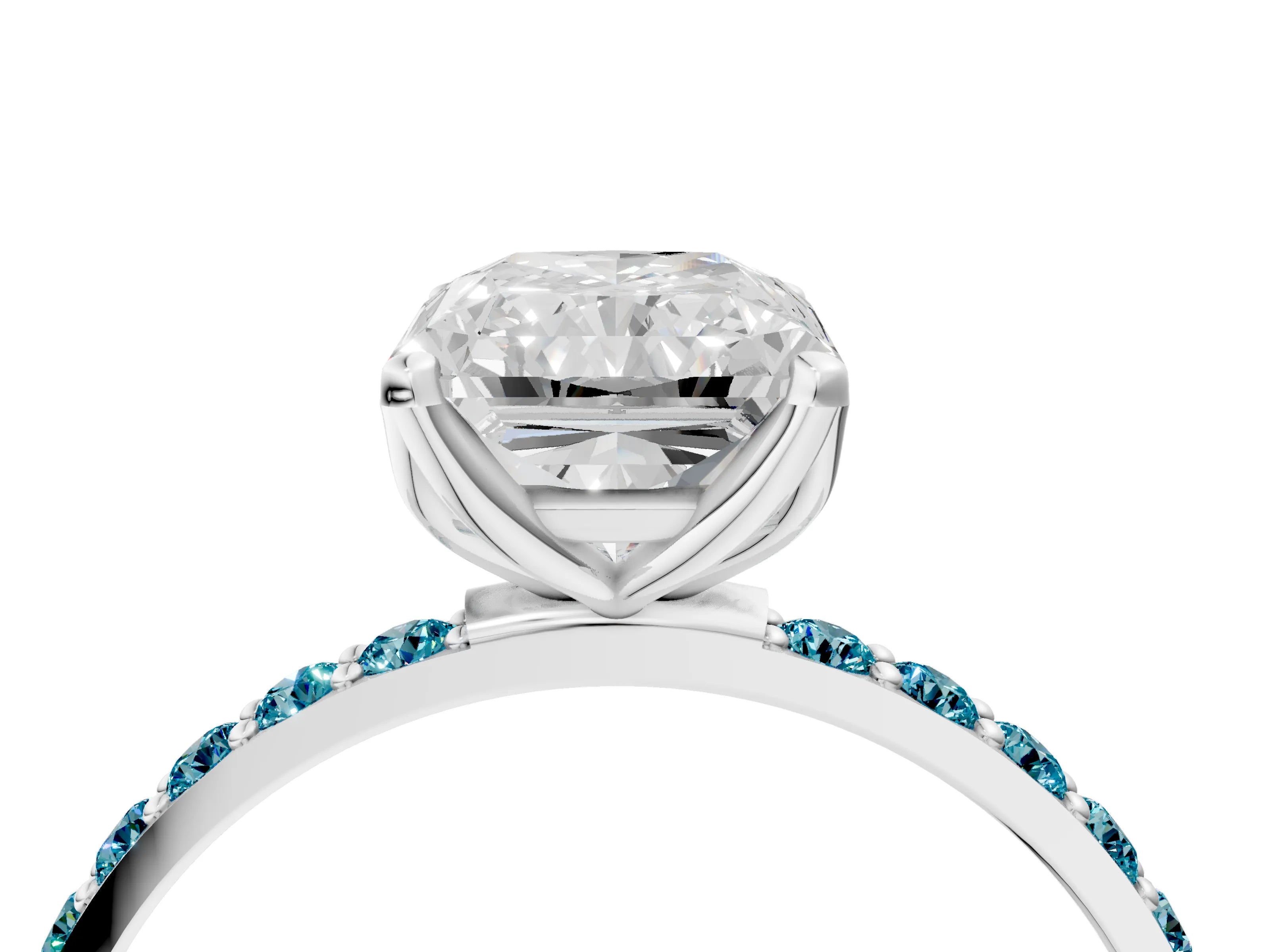 White gold Radiant Cut Diamond Solitaire Engagement Ring with Round with Blue Topaz side stone Pavé Band and Prong Setting_16