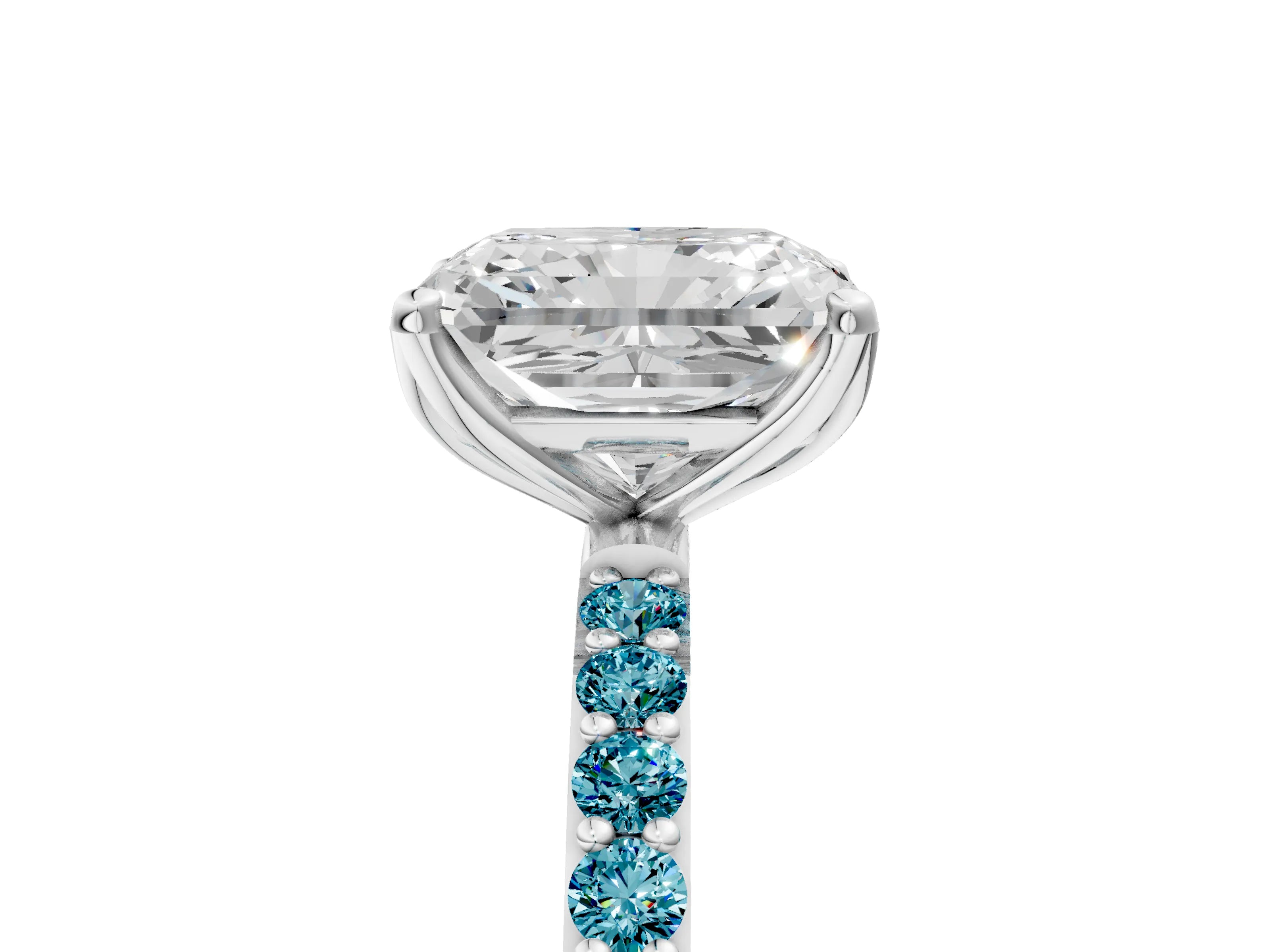 White gold Radiant Cut Diamond Solitaire Engagement Ring with Round with Blue Topaz side stone Pavé Band and Prong Setting_17