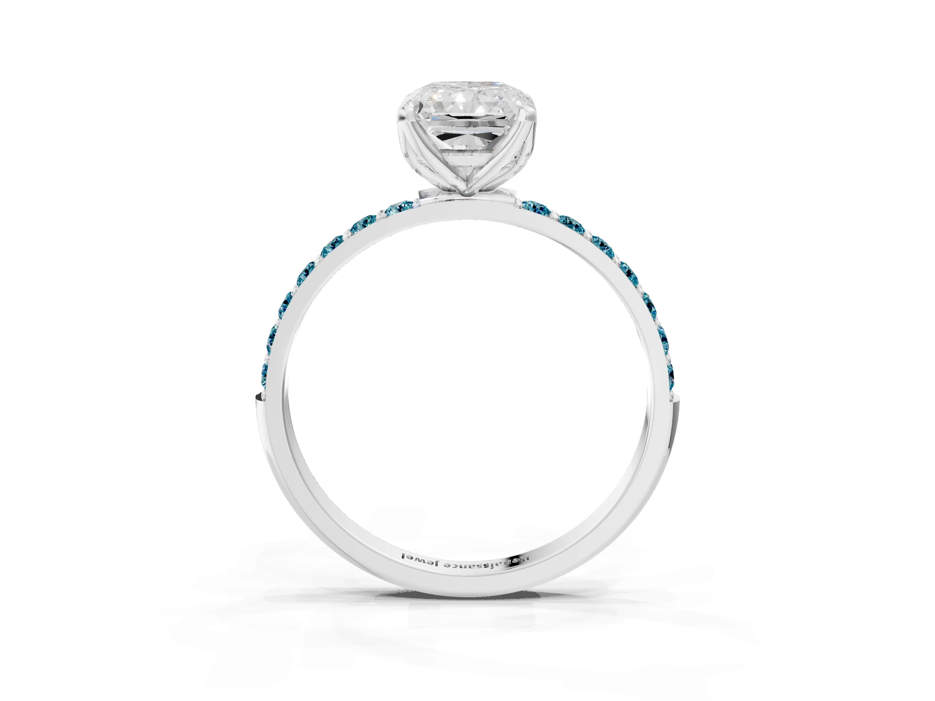 White gold Radiant Cut Diamond Solitaire Engagement Ring with Round with Blue Topaz side stone Pavé Band and Prong Setting_27