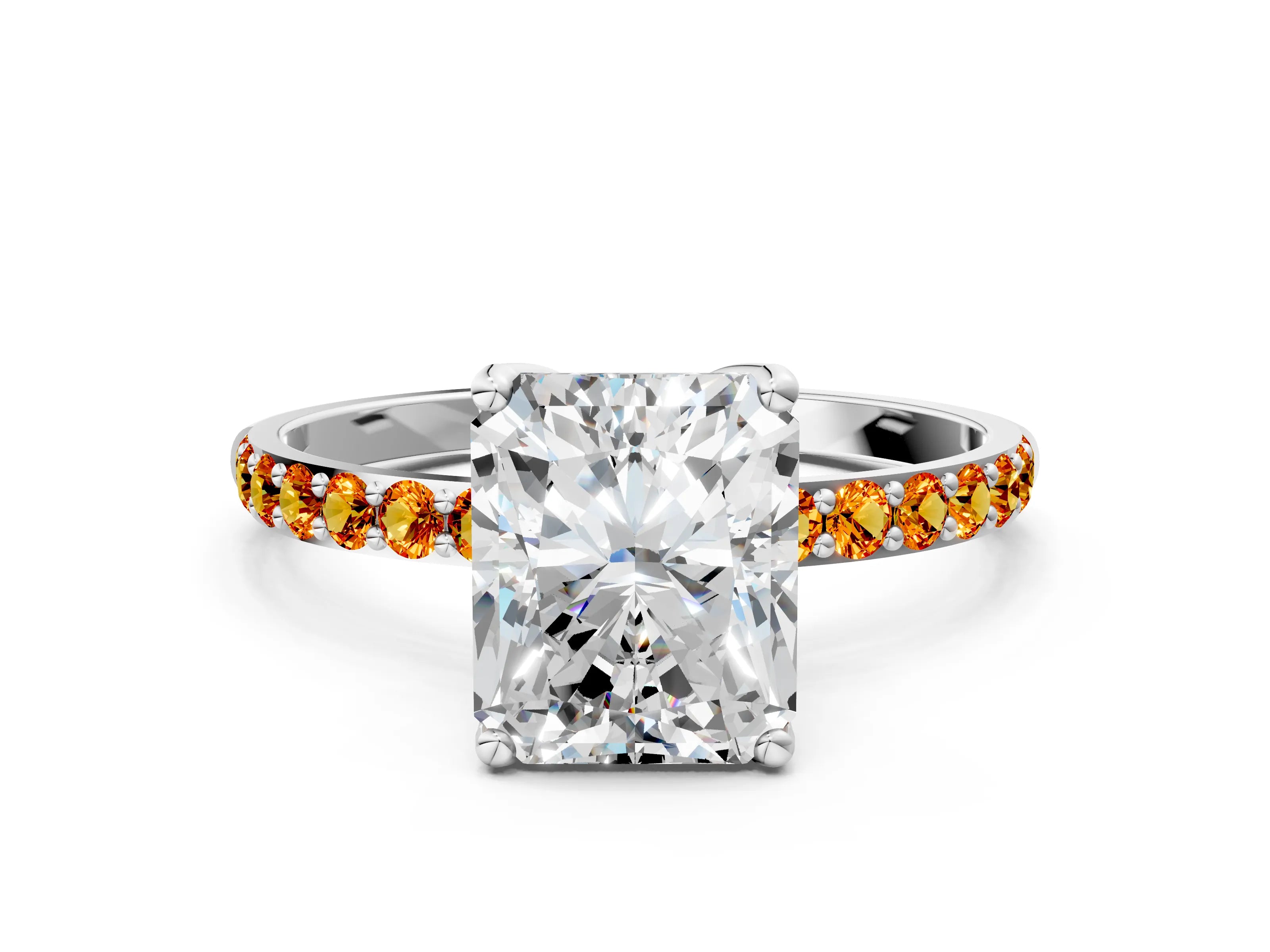 White gold Radiant Cut Diamond Solitaire Engagement Ring with Round with Citrine side stone Pavé Band and Prong Setting_12