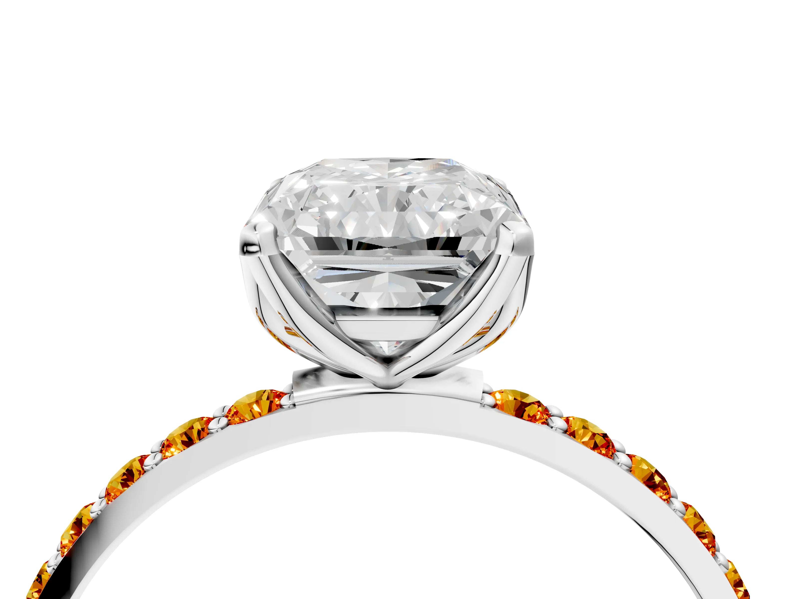 White gold Radiant Cut Diamond Solitaire Engagement Ring with Round with Citrine side stone Pavé Band and Prong Setting_16