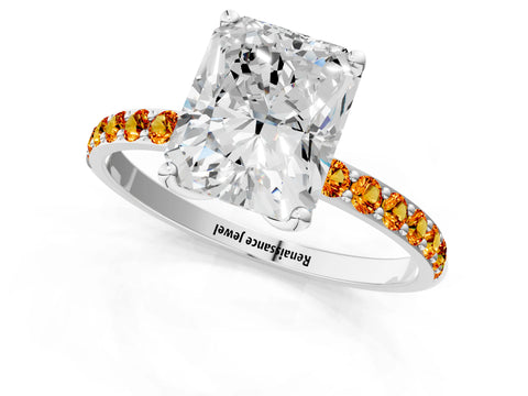 White gold Radiant Cut Diamond Solitaire Engagement Ring with Round with Citrine side stone Pavé Band and Prong Setting_1