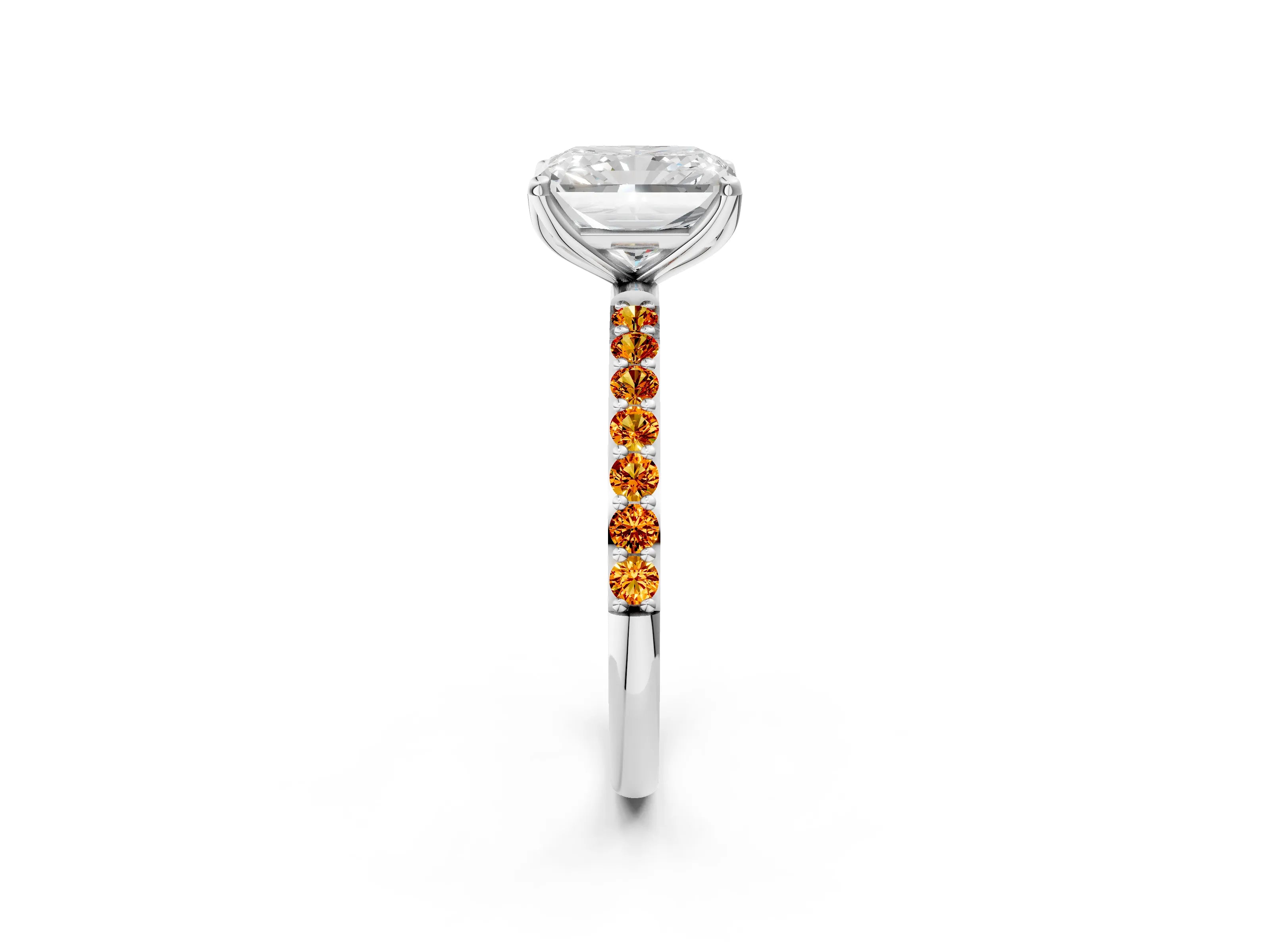 White gold Radiant Cut Diamond Solitaire Engagement Ring with Round with Citrine side stone Pavé Band and Prong Setting_2