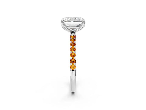 White gold Radiant Cut Diamond Solitaire Engagement Ring with Round with Citrine side stone Pavé Band and Prong Setting_2
