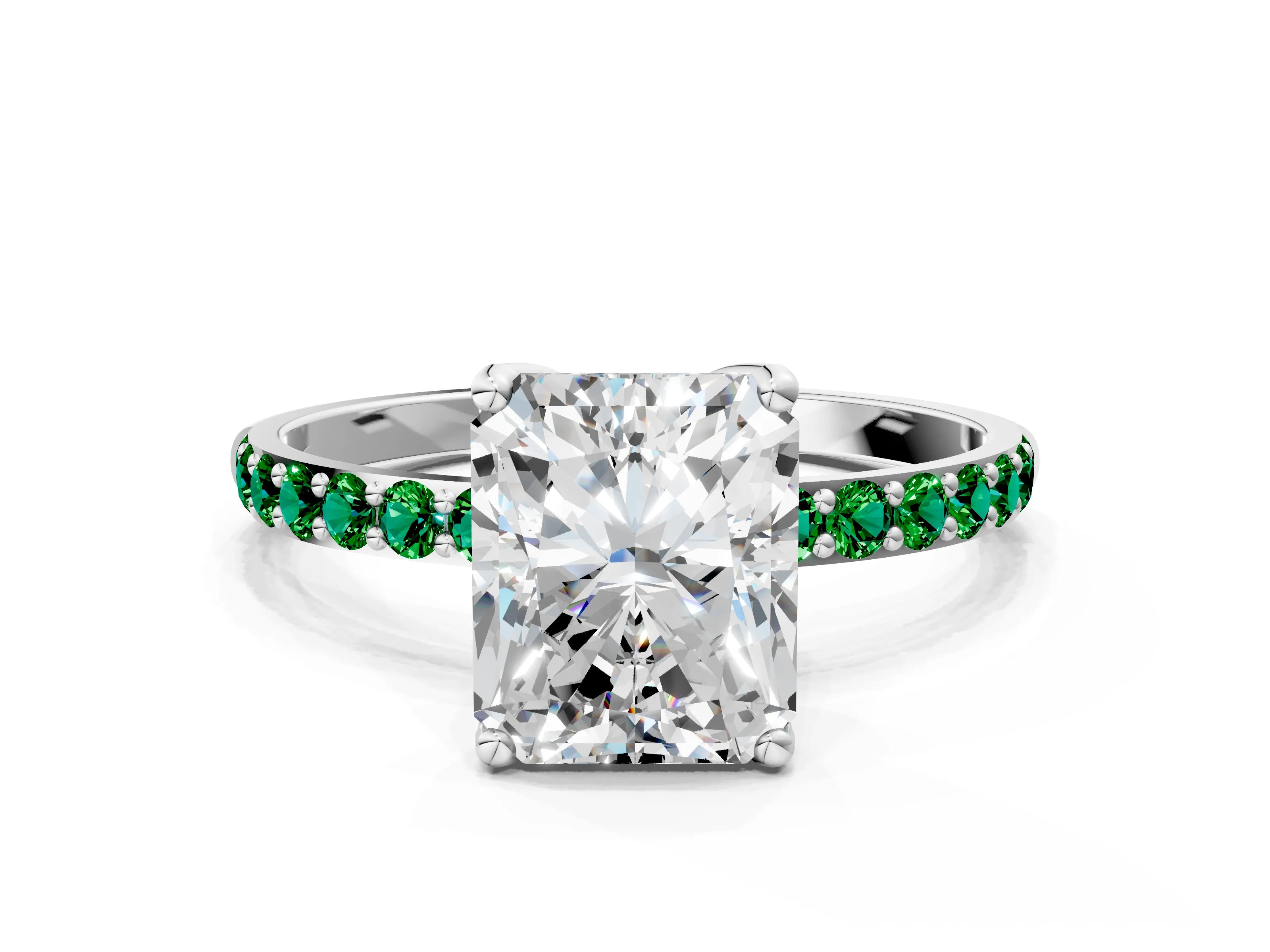White gold Radiant Cut Diamond Solitaire Engagement Ring with Round with Emerald side stone Pavé Band and Prong Setting_12