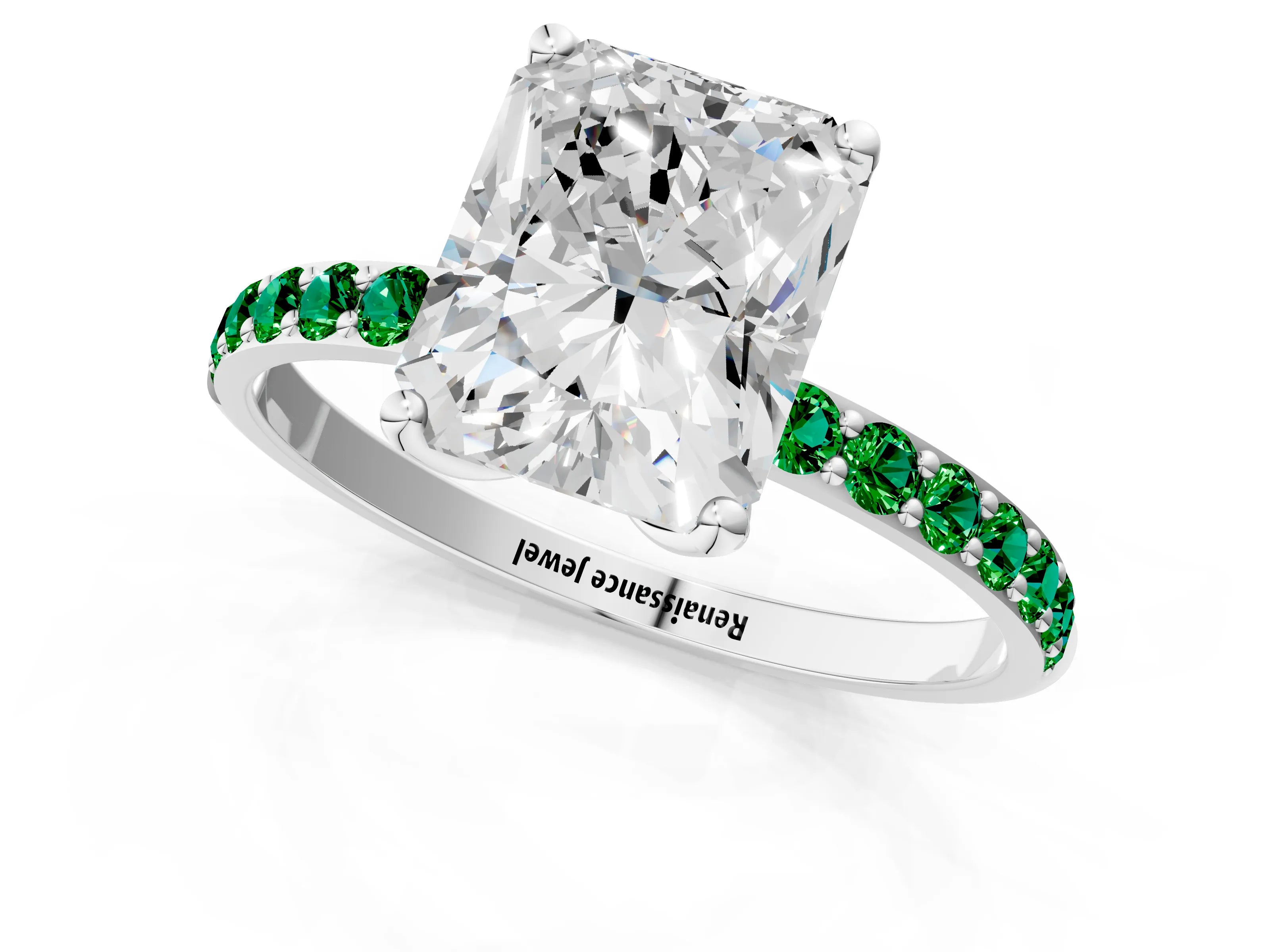 White gold Radiant Cut Diamond Solitaire Engagement Ring with Round with Emerald side stone Pavé Band and Prong Setting_13