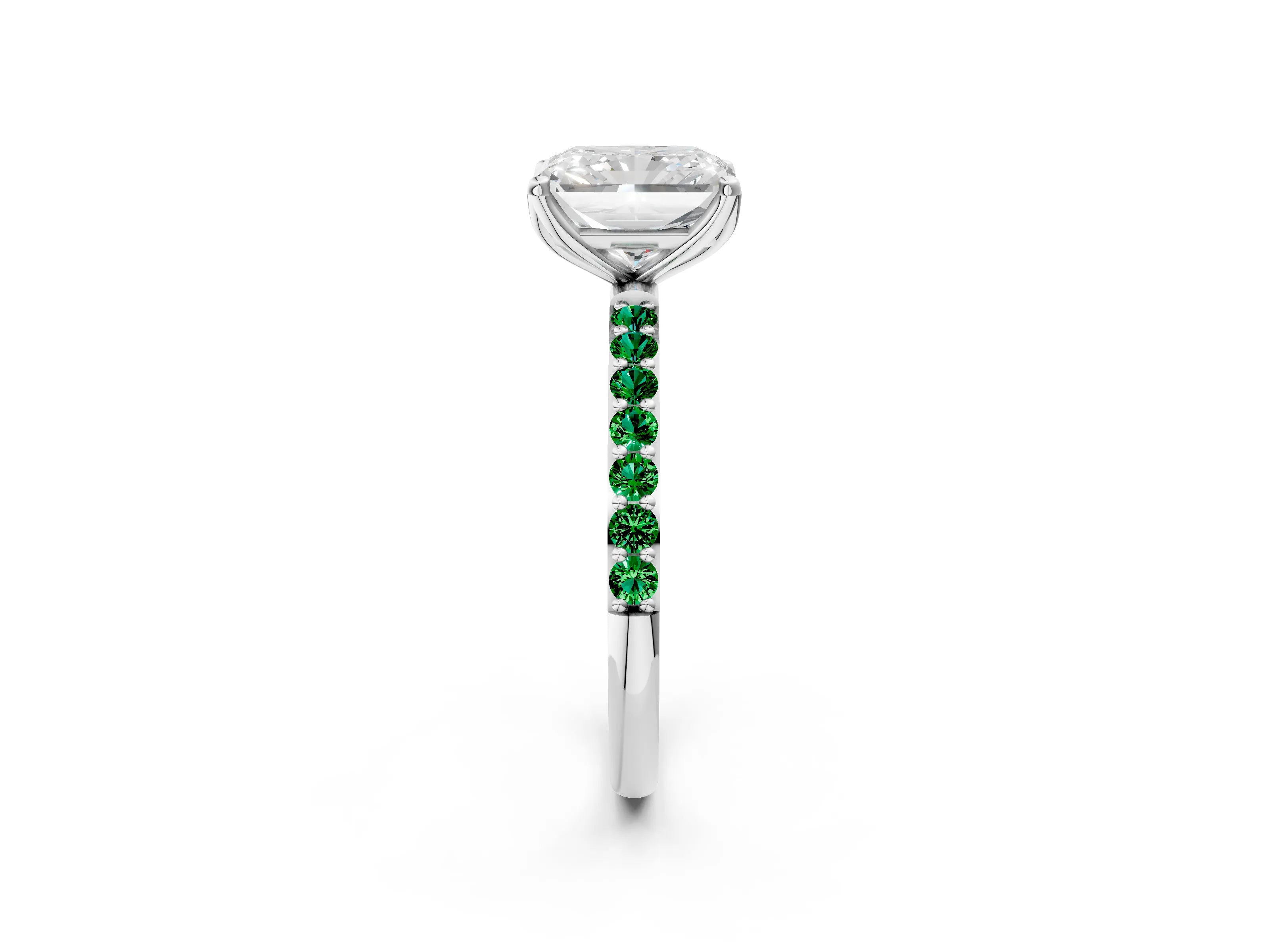 White gold Radiant Cut Diamond Solitaire Engagement Ring with Round with Emerald side stone Pavé Band and Prong Setting_14