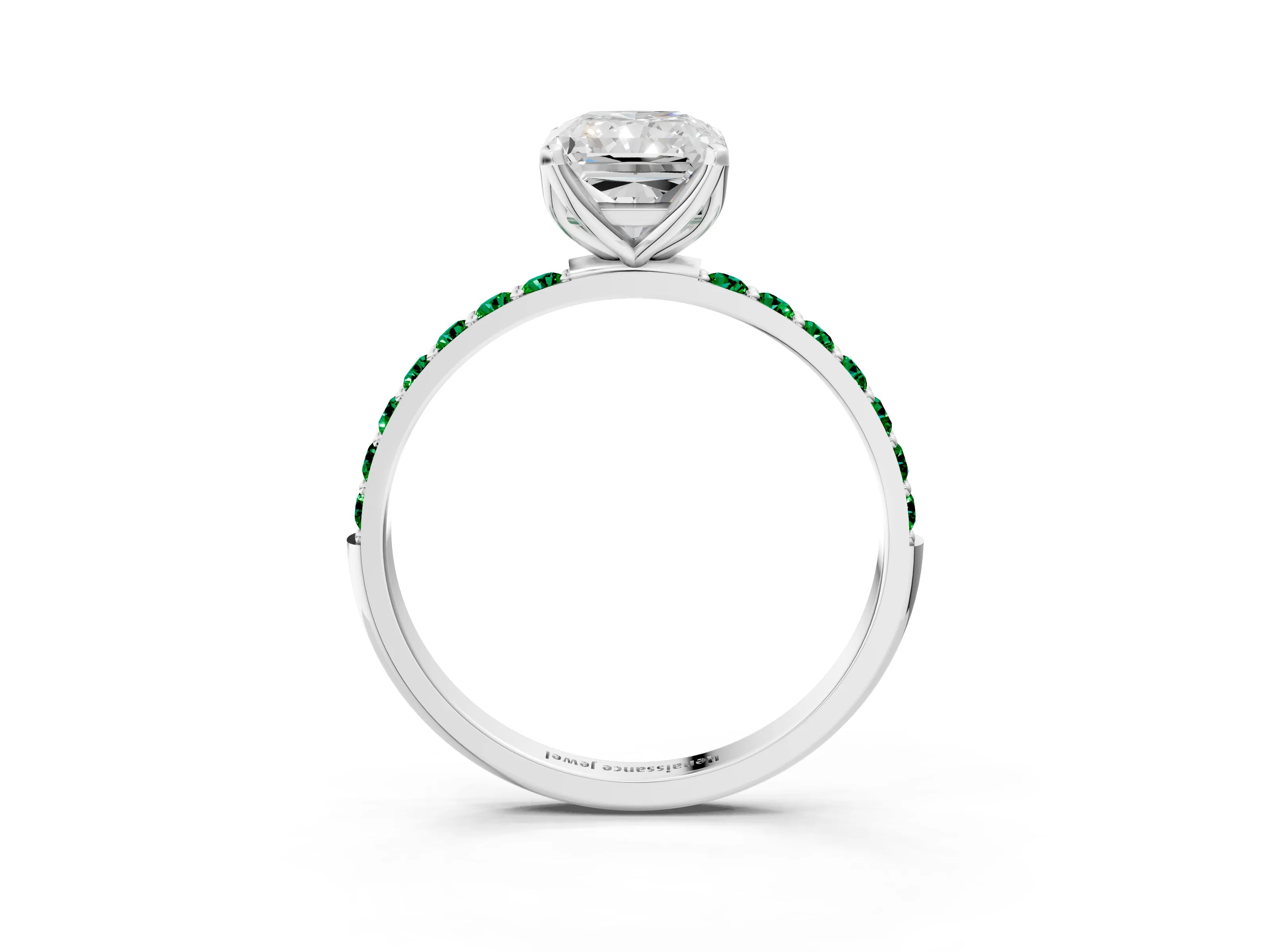 White gold Radiant Cut Diamond Solitaire Engagement Ring with Round with Emerald side stone Pavé Band and Prong Setting_15