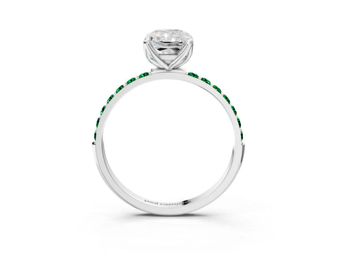 White gold Radiant Cut Diamond Solitaire Engagement Ring with Round with Emerald side stone Pavé Band and Prong Setting_15