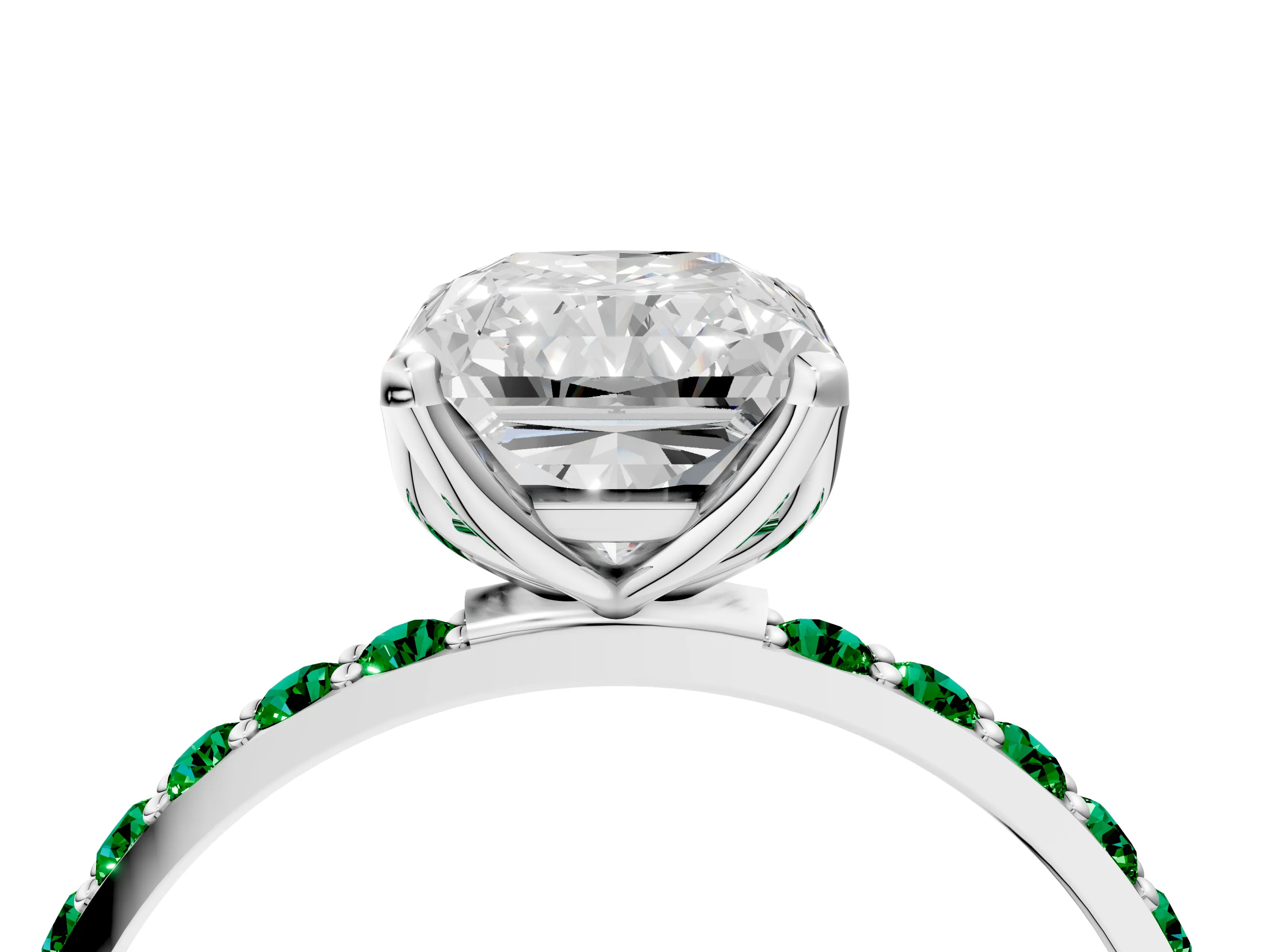 White gold Radiant Cut Diamond Solitaire Engagement Ring with Round with Emerald side stone Pavé Band and Prong Setting_16
