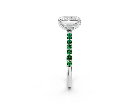 White gold Radiant Cut Diamond Solitaire Engagement Ring with Round with Emerald side stone Pavé Band and Prong Setting_26