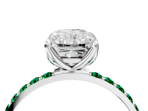 White gold Radiant Cut Diamond Solitaire Engagement Ring with Round with Emerald side stone Pavé Band and Prong Setting_28
