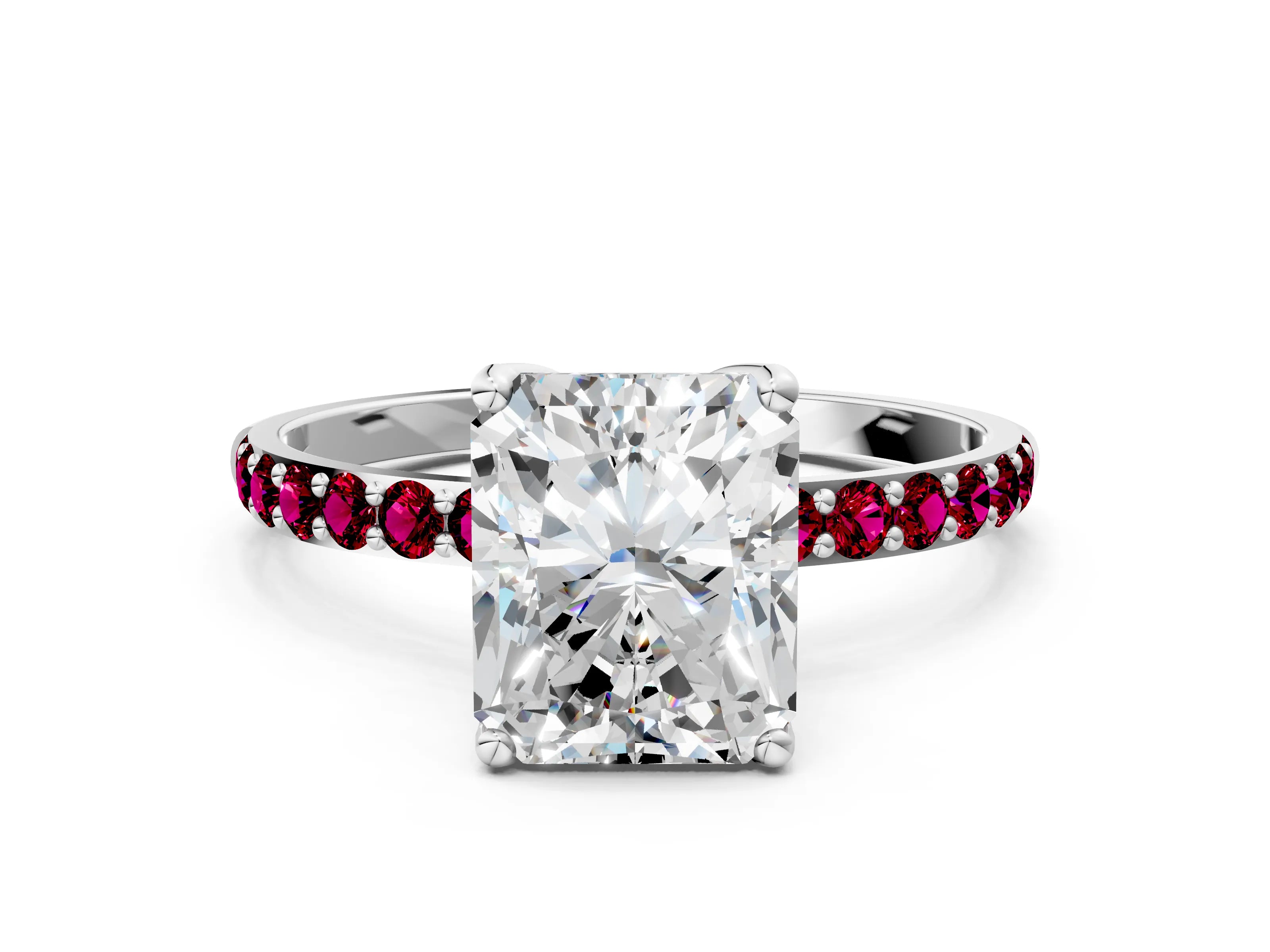 White gold Radiant Cut Diamond Solitaire Engagement Ring with Round with Garnet side stone Pavé Band and Prong Setting_12