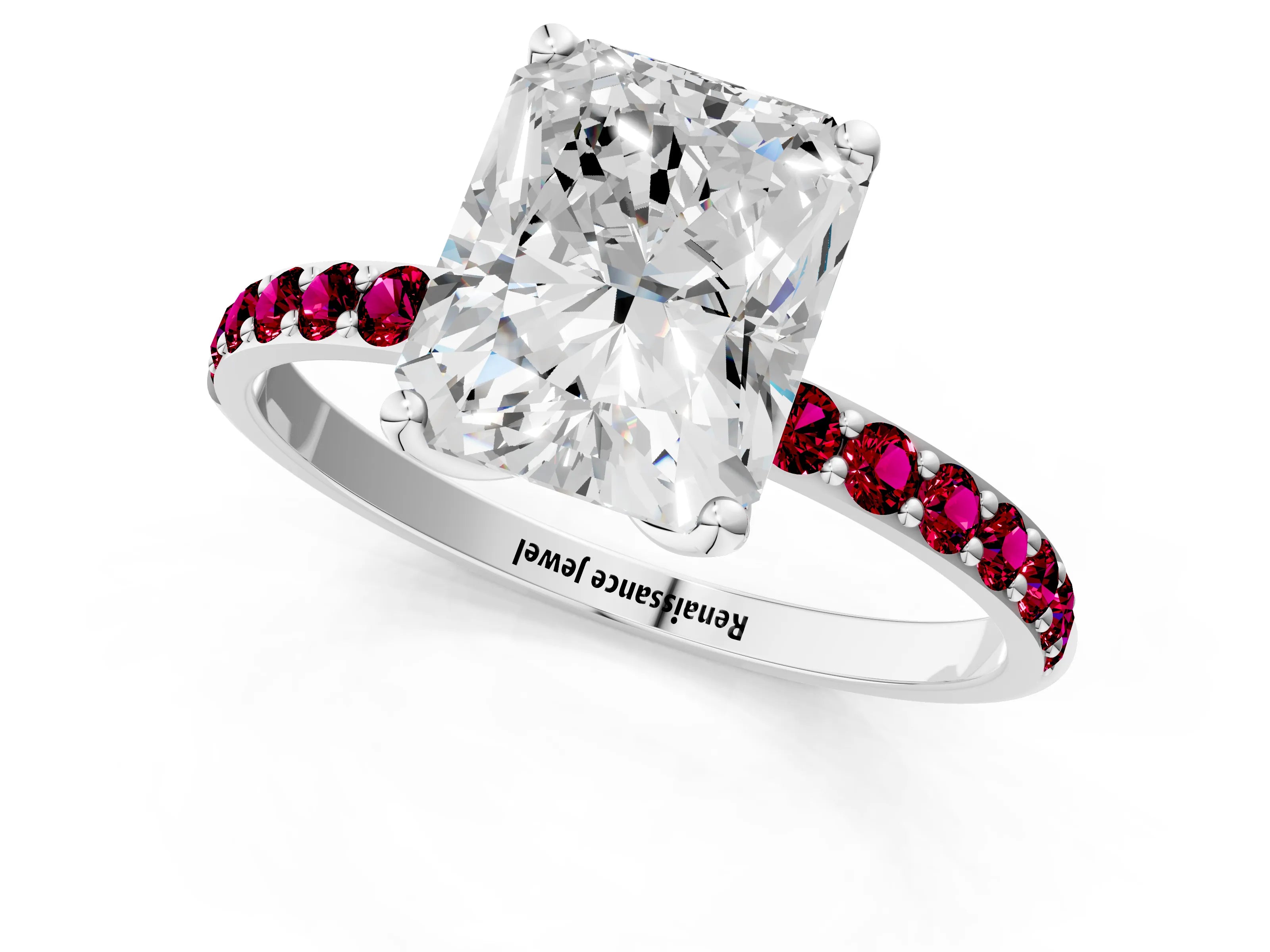 White gold Radiant Cut Diamond Solitaire Engagement Ring with Round with Garnet side stone Pavé Band and Prong Setting_13