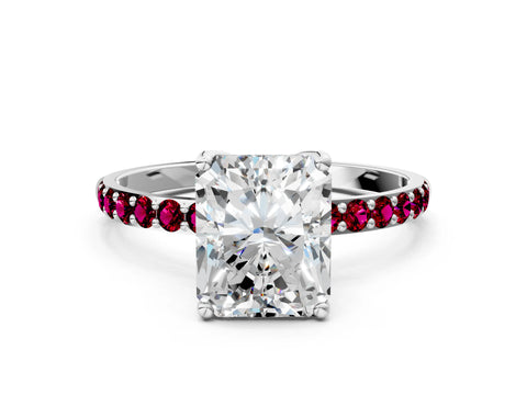 White gold Radiant Cut Diamond Solitaire Engagement Ring with Round with Garnet side stone Pavé Band and Prong Setting_24