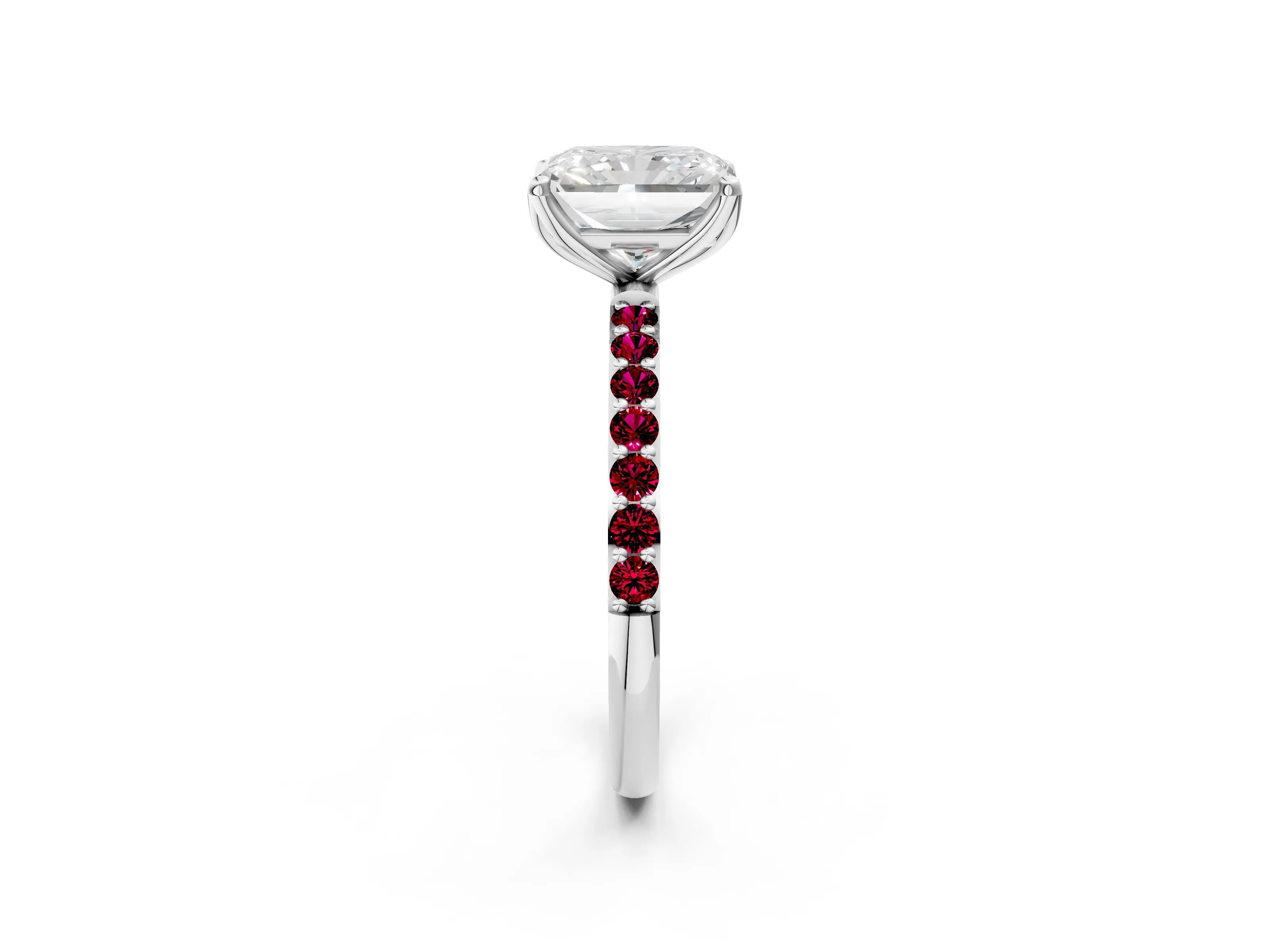 White gold Radiant Cut Diamond Solitaire Engagement Ring with Round with Garnet side stone Pavé Band and Prong Setting_26