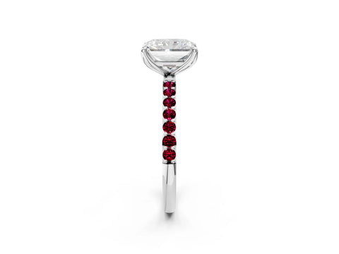 White gold Radiant Cut Diamond Solitaire Engagement Ring with Round with Garnet side stone Pavé Band and Prong Setting_26
