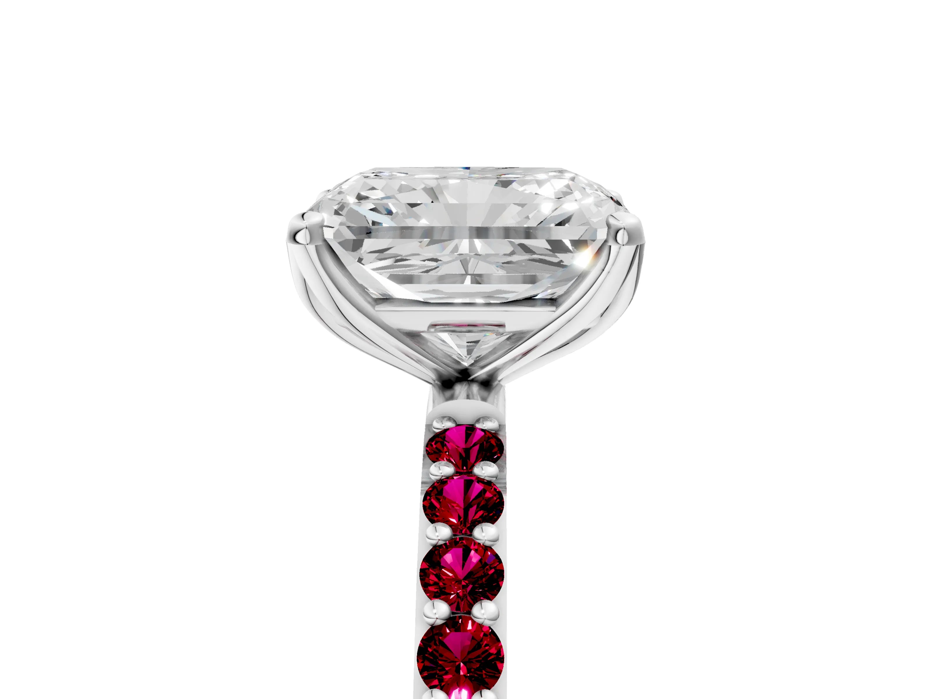 White gold Radiant Cut Diamond Solitaire Engagement Ring with Round with Garnet side stone Pavé Band and Prong Setting_29