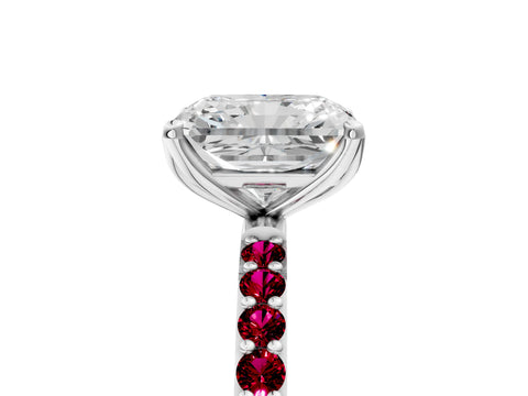 White gold Radiant Cut Diamond Solitaire Engagement Ring with Round with Garnet side stone Pavé Band and Prong Setting_29