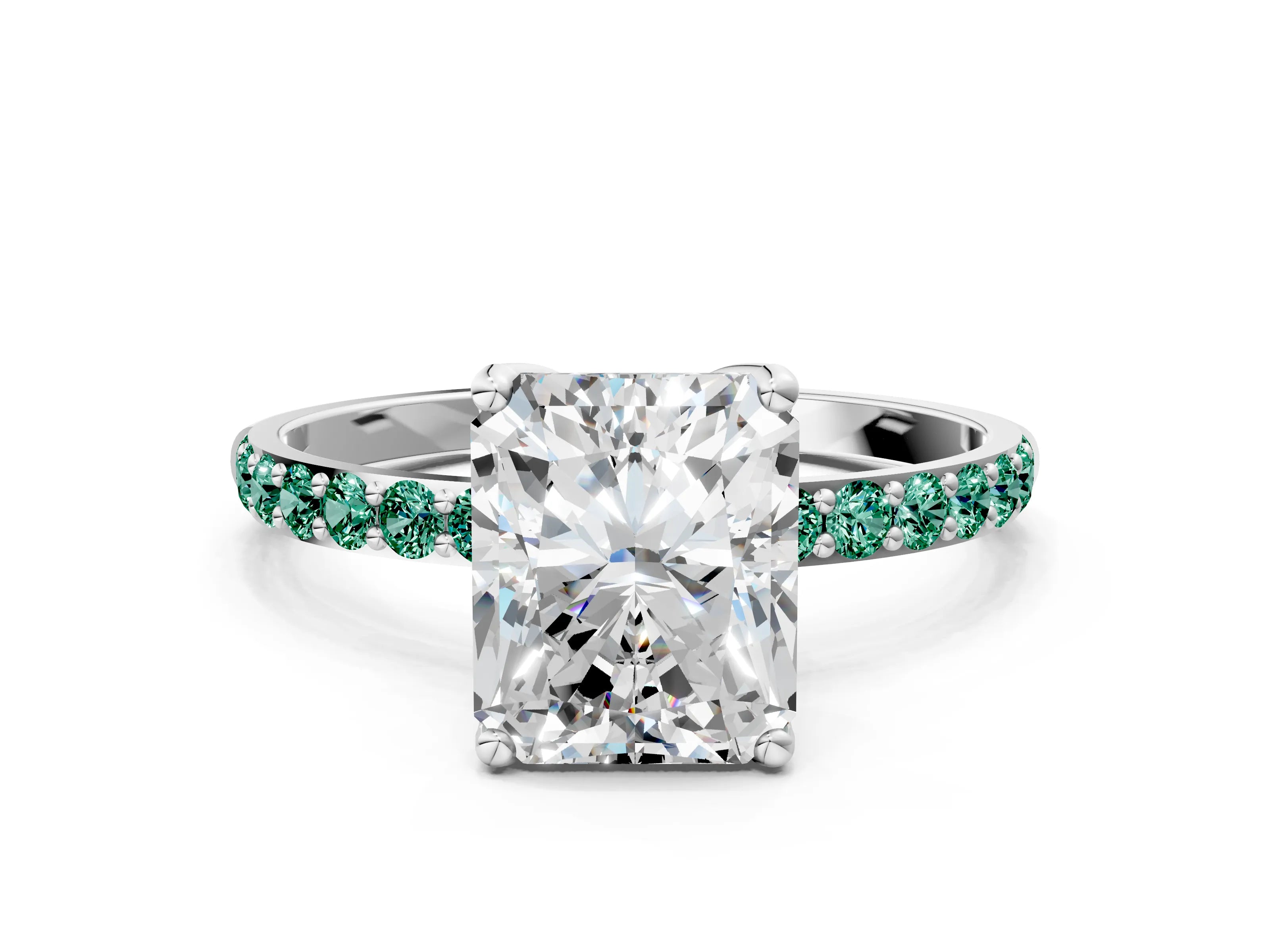 White gold Radiant Cut Diamond Solitaire Engagement Ring with Round with Green Sapphire side stone Pavé Band and Prong Setting_12