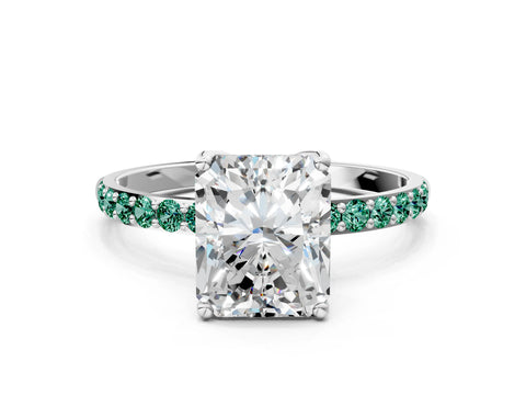 White gold Radiant Cut Diamond Solitaire Engagement Ring with Round with Green Sapphire side stone Pavé Band and Prong Setting_12