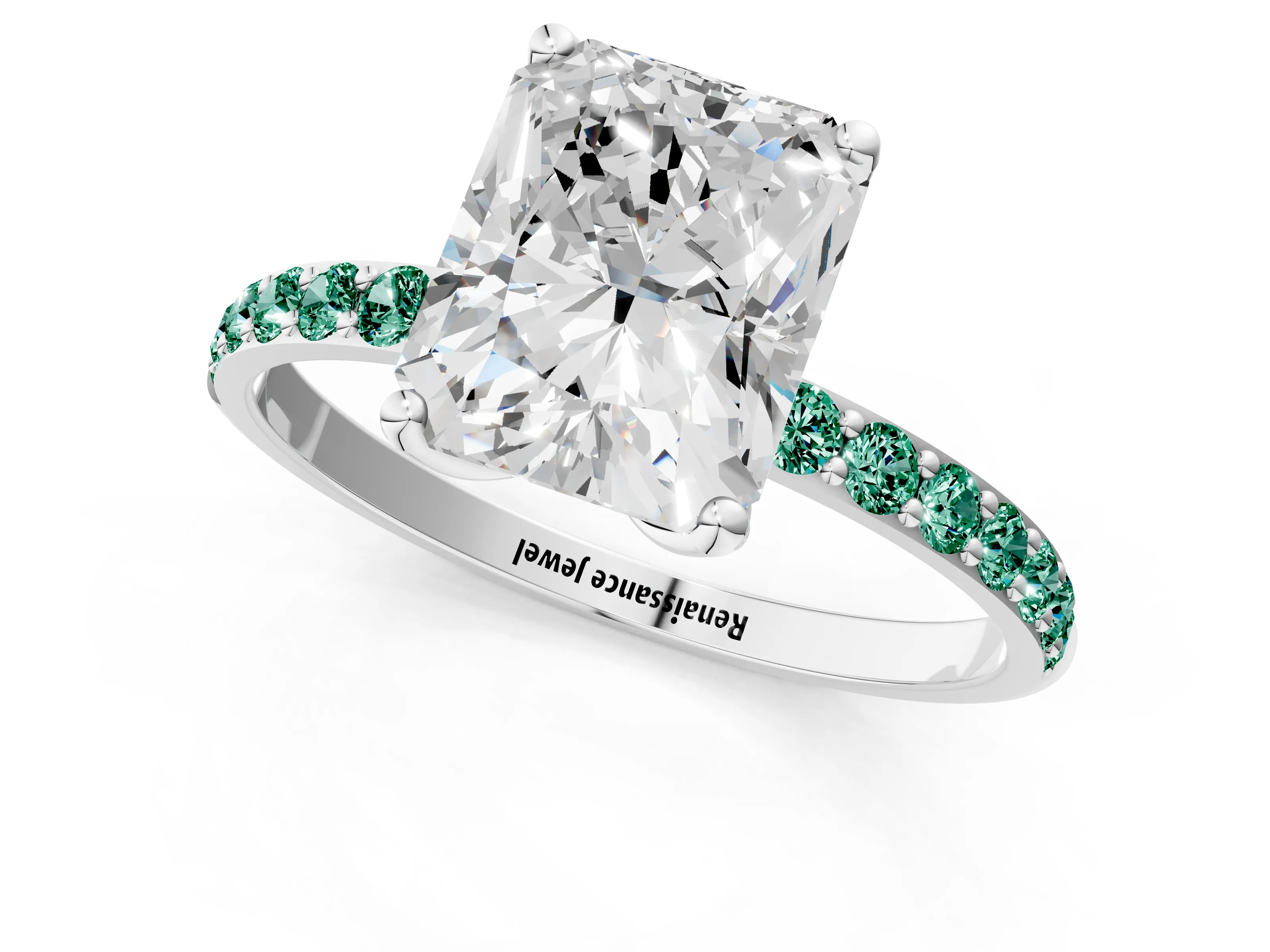 White gold Radiant Cut Diamond Solitaire Engagement Ring with Round with Green Sapphire side stone Pavé Band and Prong Setting_13