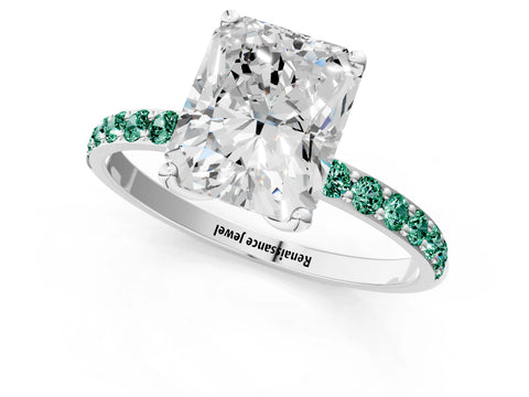 White gold Radiant Cut Diamond Solitaire Engagement Ring with Round with Green Sapphire side stone Pavé Band and Prong Setting_13