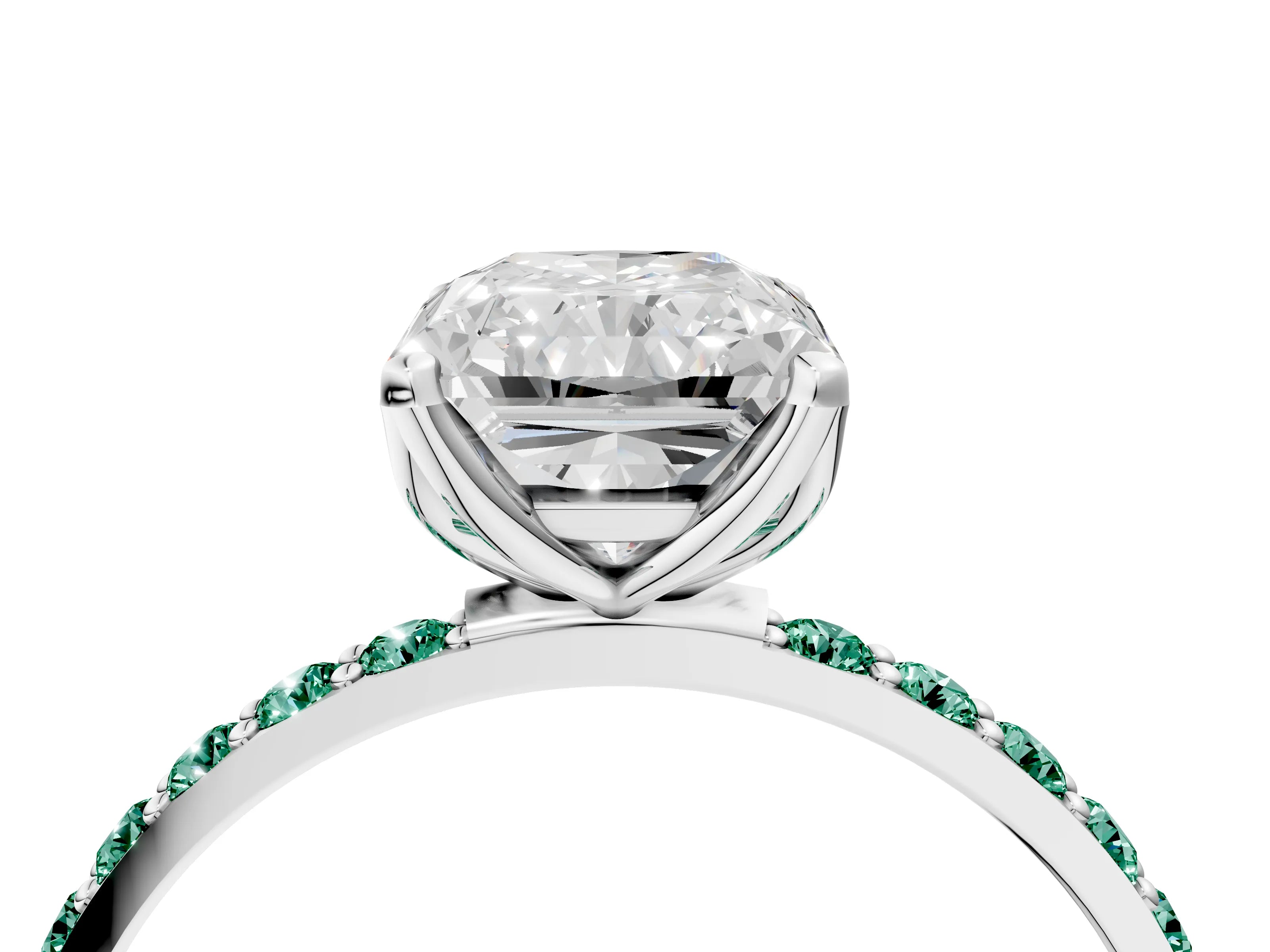 White gold Radiant Cut Diamond Solitaire Engagement Ring with Round with Green Sapphire side stone Pavé Band and Prong Setting_16