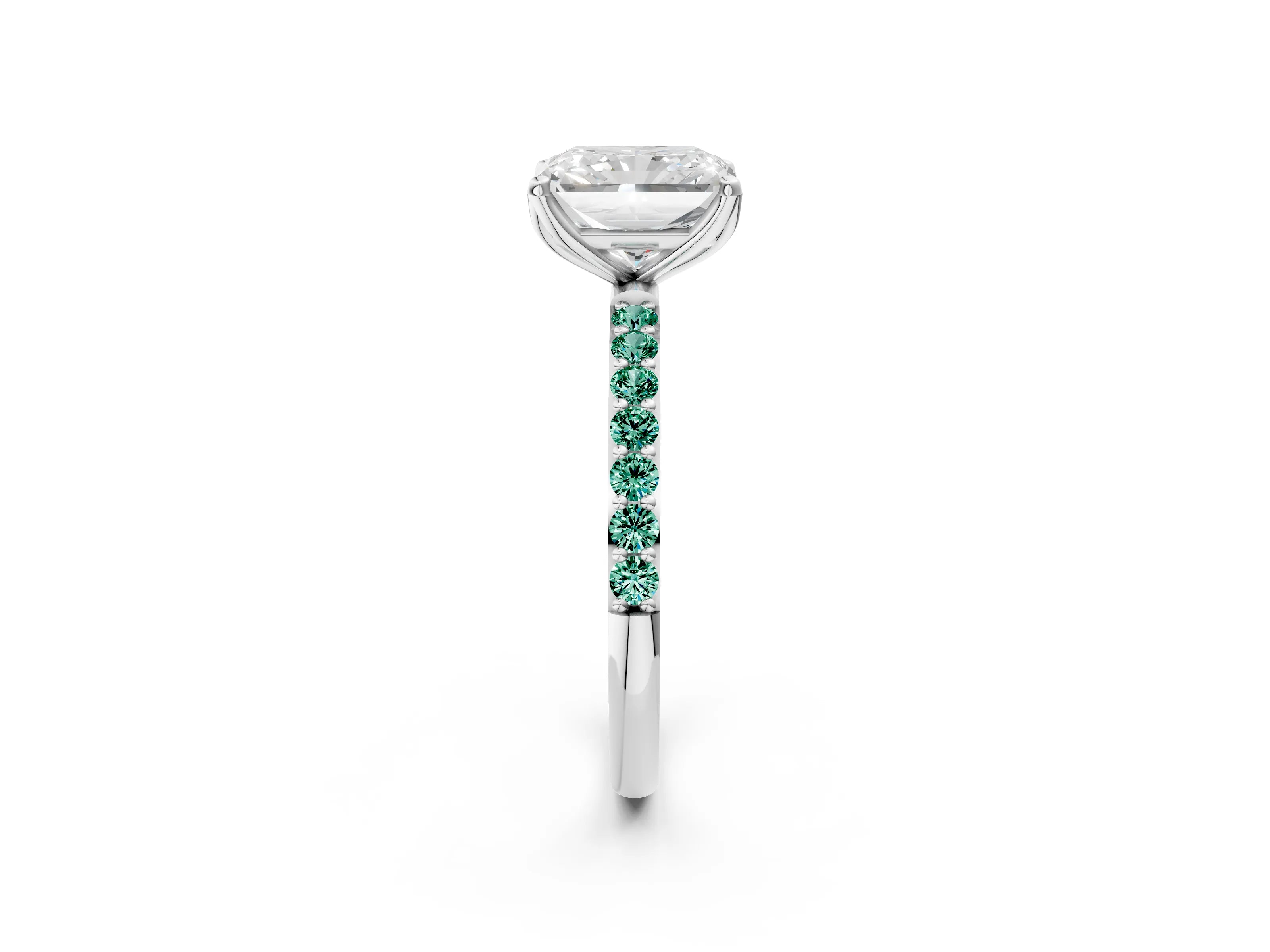 White gold Radiant Cut Diamond Solitaire Engagement Ring with Round with Green Sapphire side stone Pavé Band and Prong Setting_2