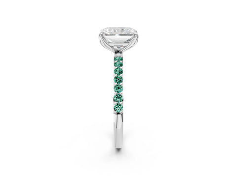 White gold Radiant Cut Diamond Solitaire Engagement Ring with Round with Green Sapphire side stone Pavé Band and Prong Setting_2