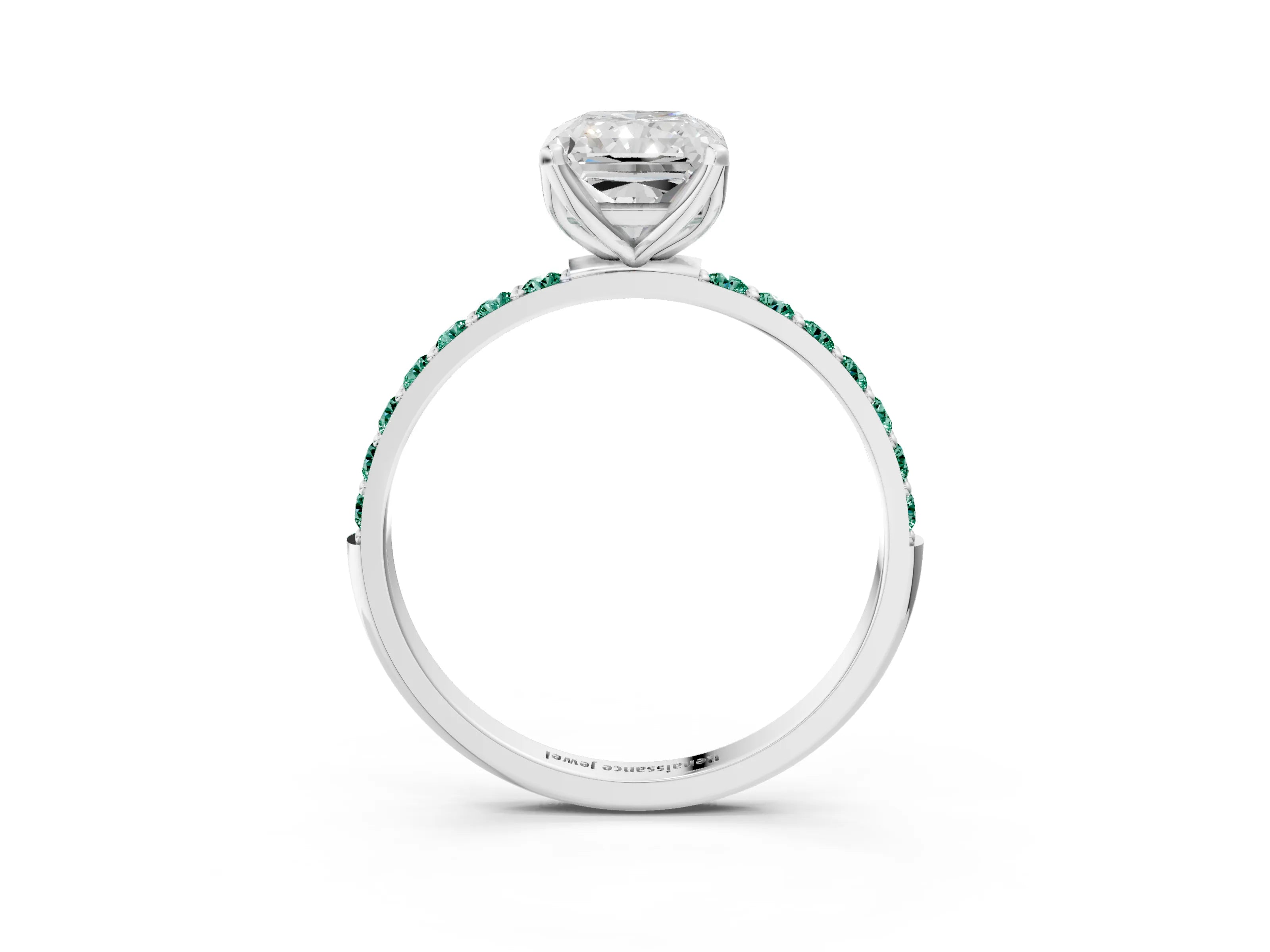 White gold Radiant Cut Diamond Solitaire Engagement Ring with Round with Green Sapphire side stone Pavé Band and Prong Setting_3