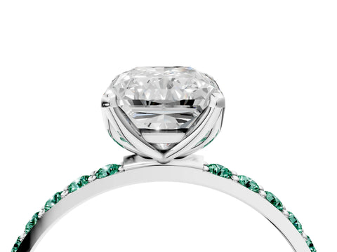 White gold Radiant Cut Diamond Solitaire Engagement Ring with Round with Green Sapphire side stone Pavé Band and Prong Setting_4