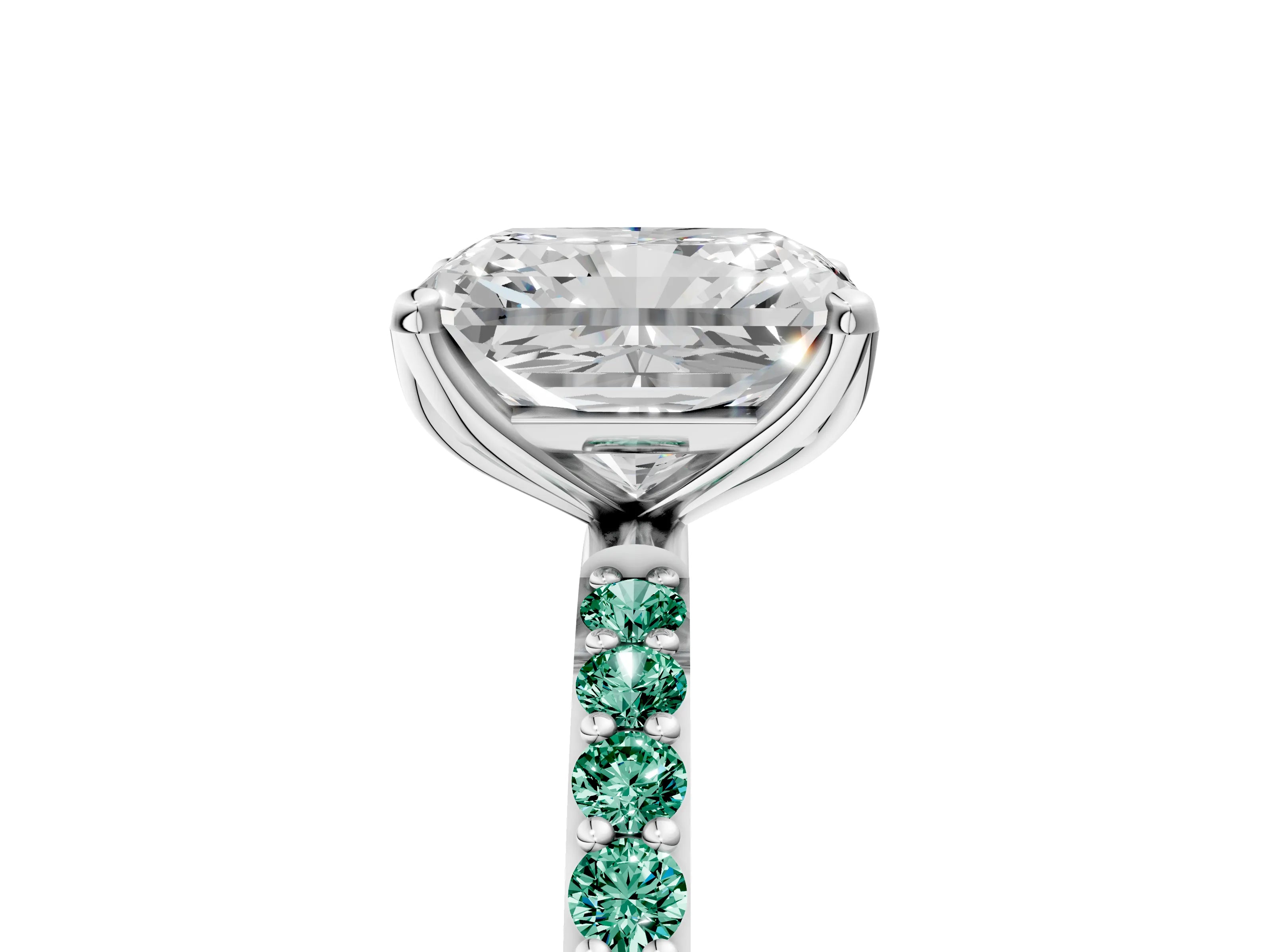 White gold Radiant Cut Diamond Solitaire Engagement Ring with Round with Green Sapphire side stone Pavé Band and Prong Setting_5