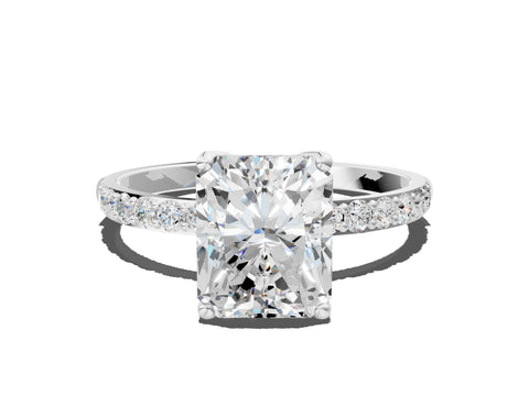 White gold Radiant Cut Diamond Solitaire Engagement Ring with Round with Moissanite side stone Pavé Band and Prong Setting_12