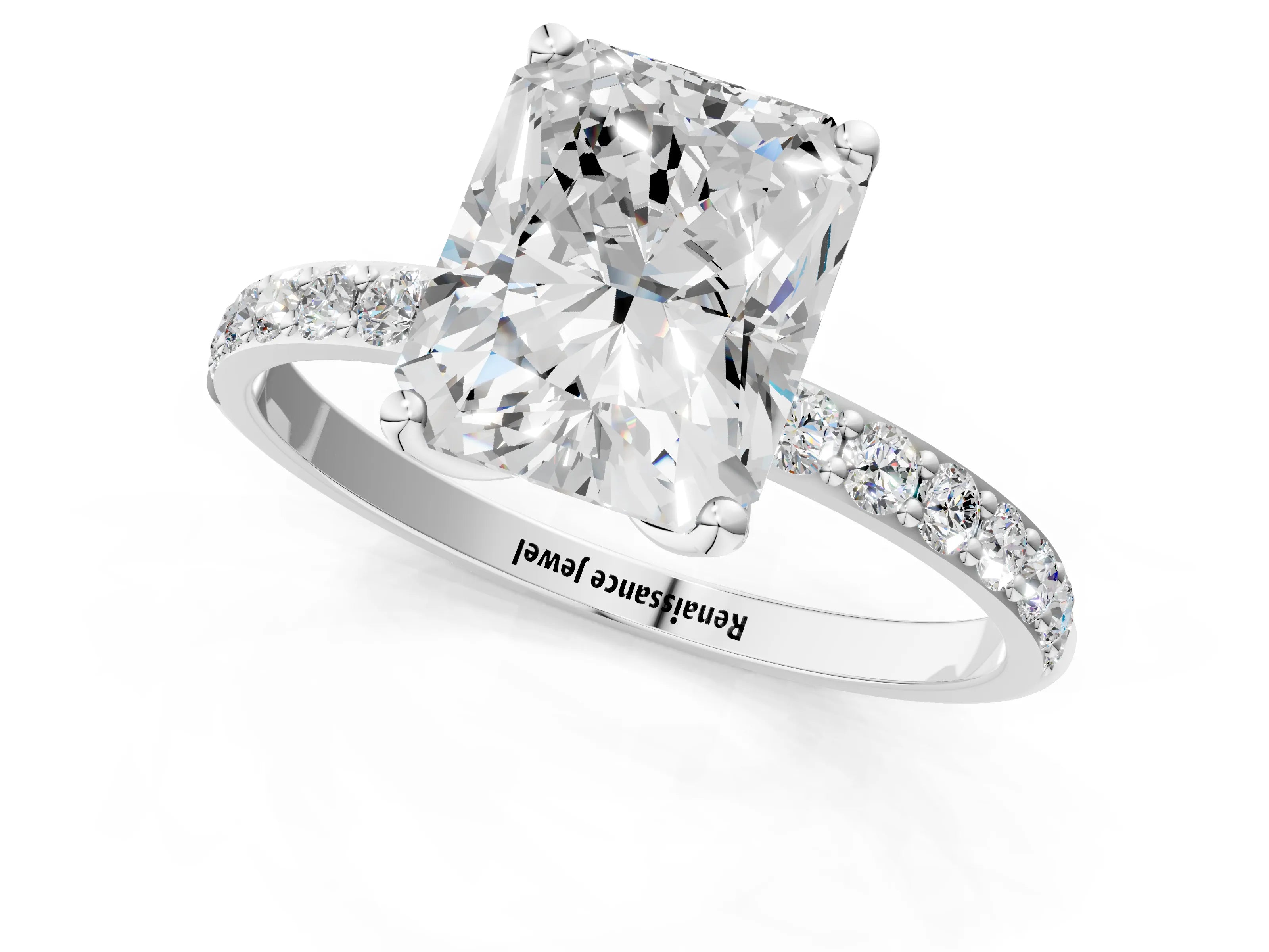 White gold Radiant Cut Diamond Solitaire Engagement Ring with Round with Moissanite side stone Pavé Band and Prong Setting_13
