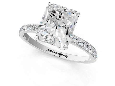 White gold Radiant Cut Diamond Solitaire Engagement Ring with Round with Moissanite side stone Pavé Band and Prong Setting_25