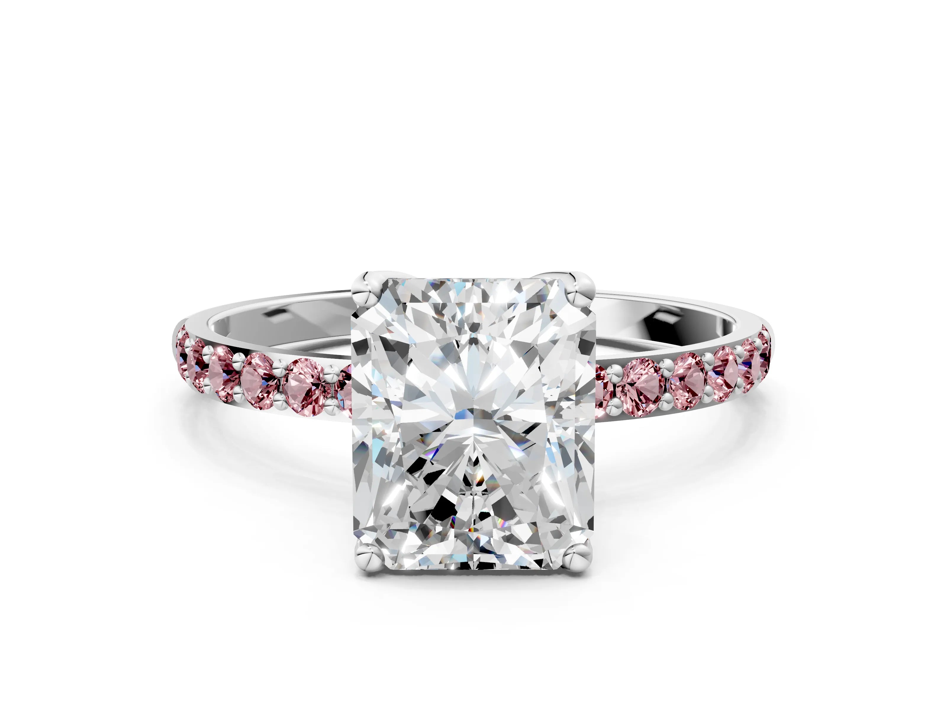 White gold Radiant Cut Diamond Solitaire Engagement Ring with Round with Morganite side stone Pavé Band and Prong Setting_12