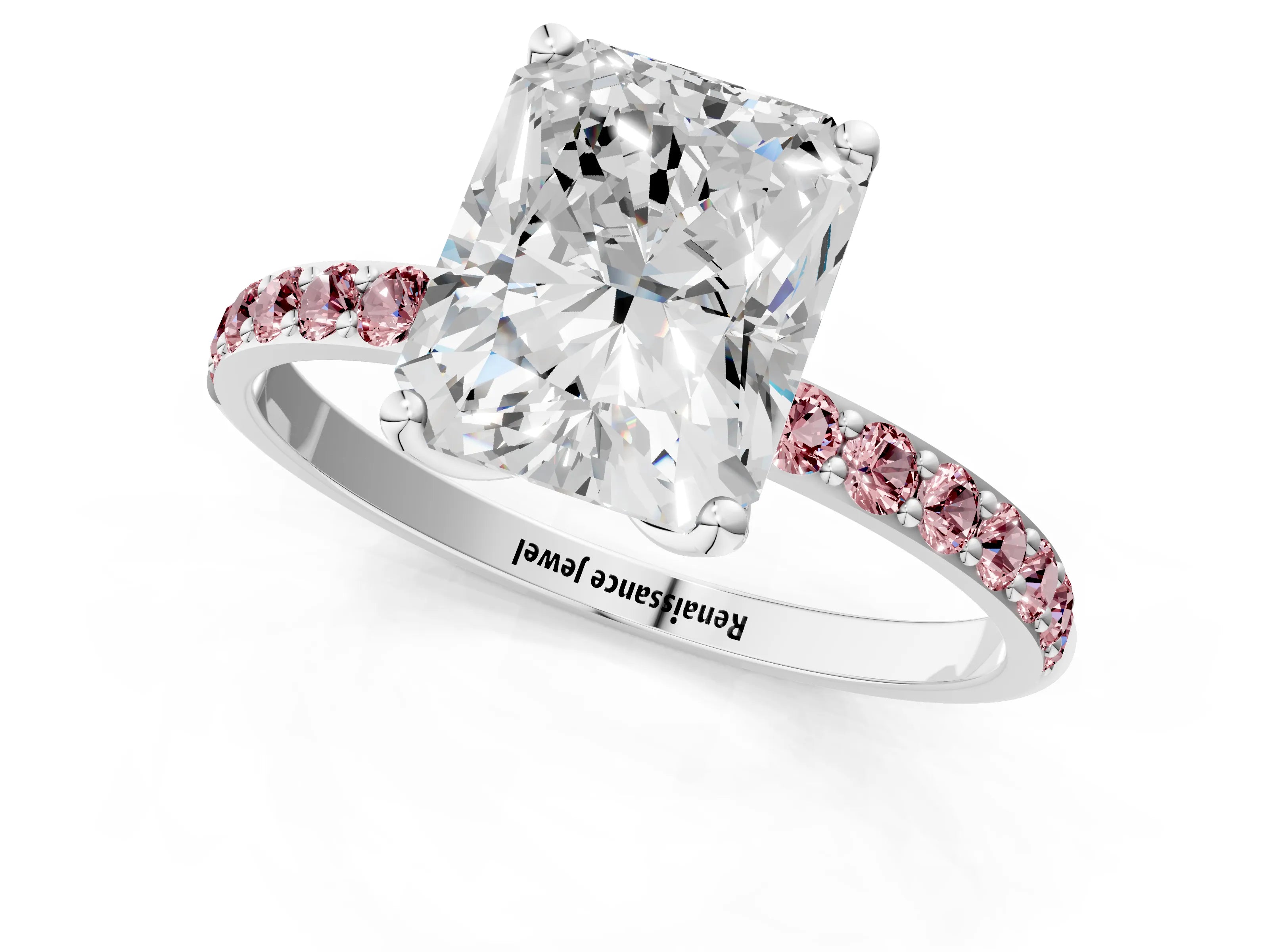 White gold Radiant Cut Diamond Solitaire Engagement Ring with Round with Morganite side stone Pavé Band and Prong Setting_13