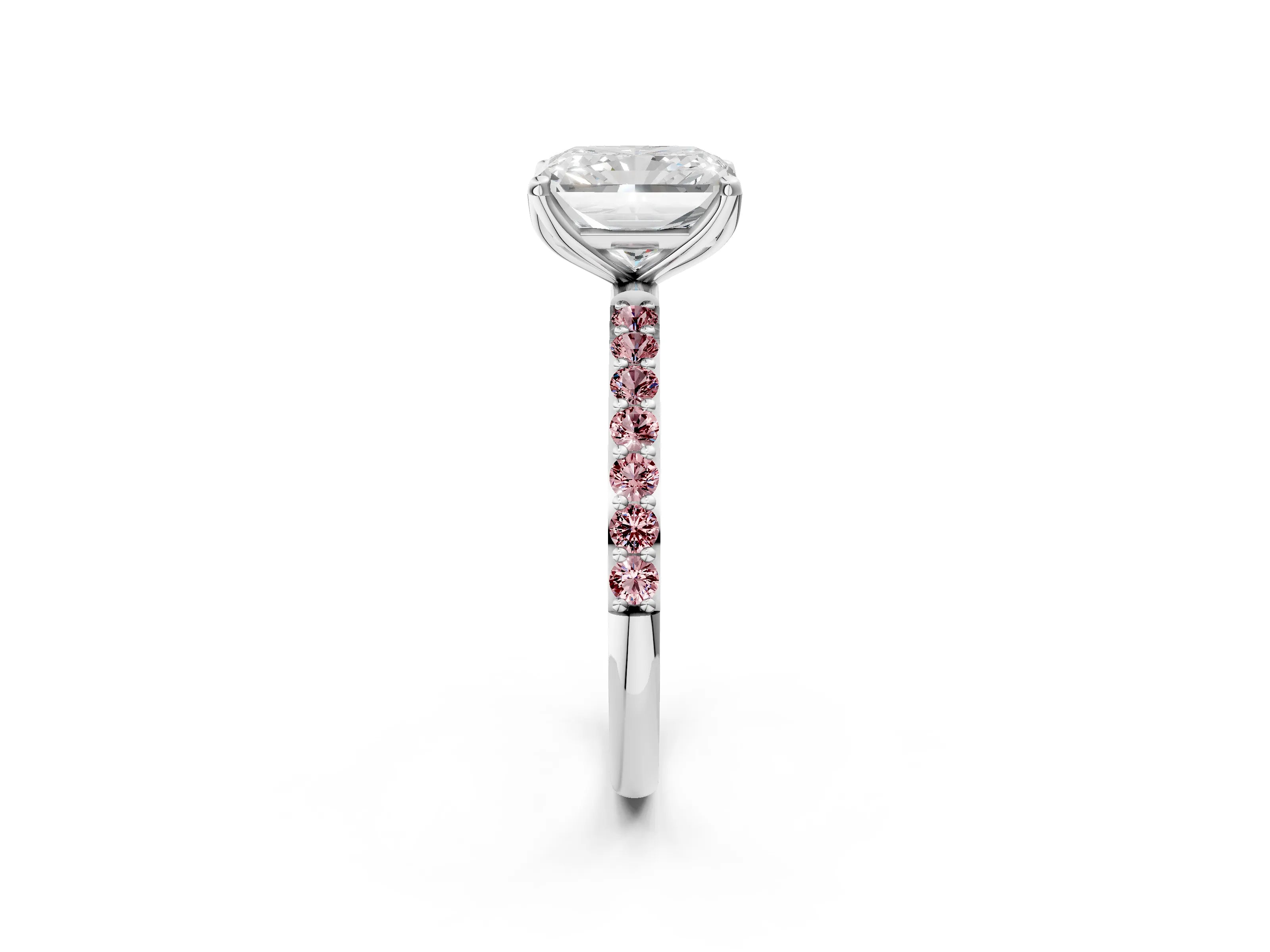 White gold Radiant Cut Diamond Solitaire Engagement Ring with Round with Morganite side stone Pavé Band and Prong Setting_14