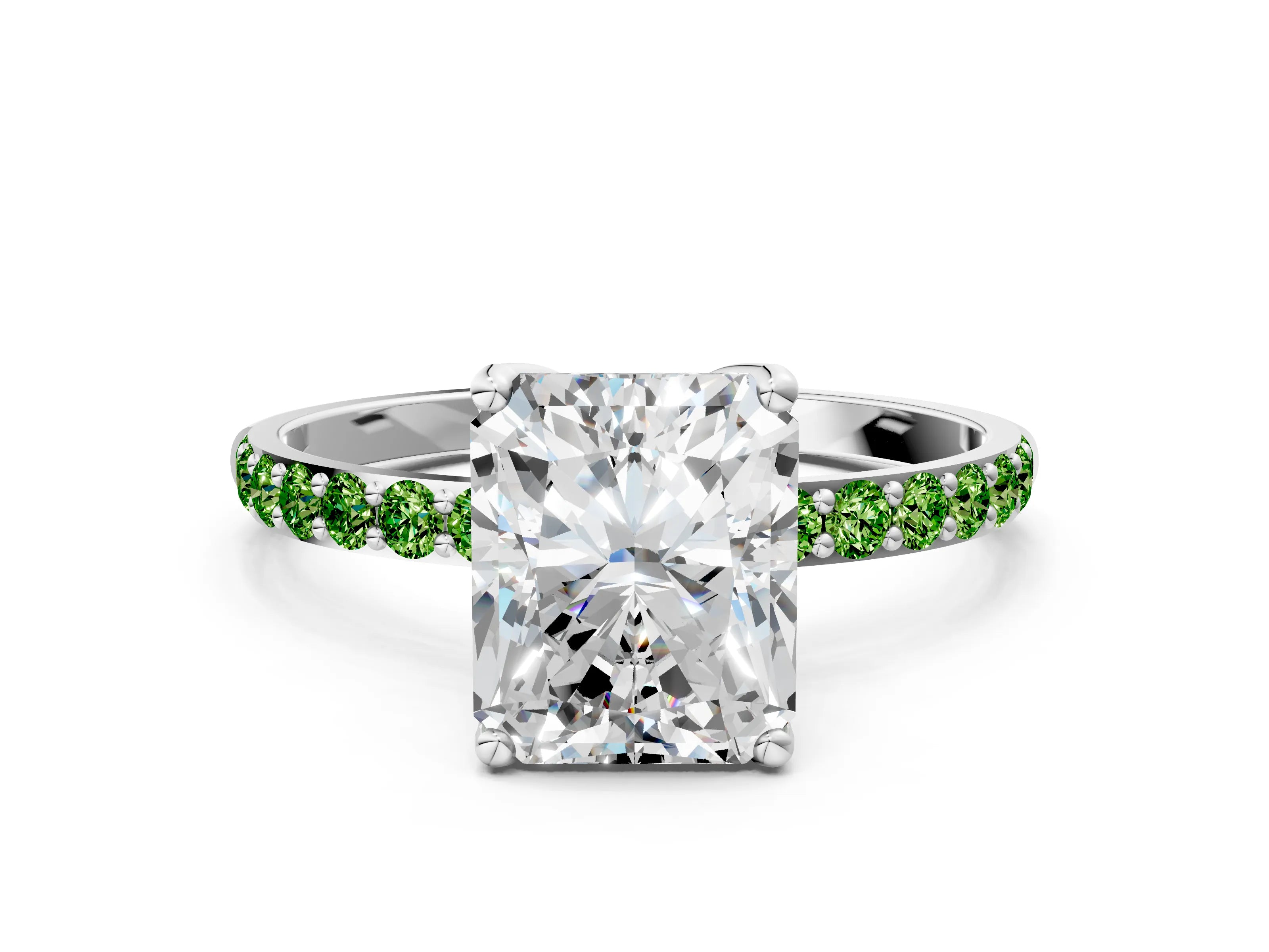 White gold Radiant Cut Diamond Solitaire Engagement Ring with Round with Peridot side stone Pavé Band and Prong Setting_12