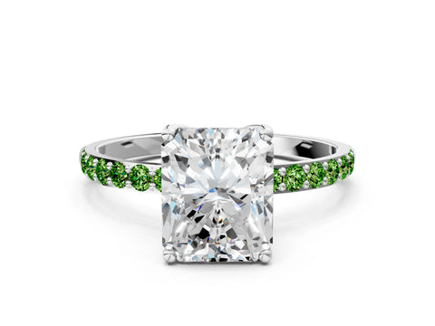White gold Radiant Cut Diamond Solitaire Engagement Ring with Round with Peridot side stone Pavé Band and Prong Setting_12
